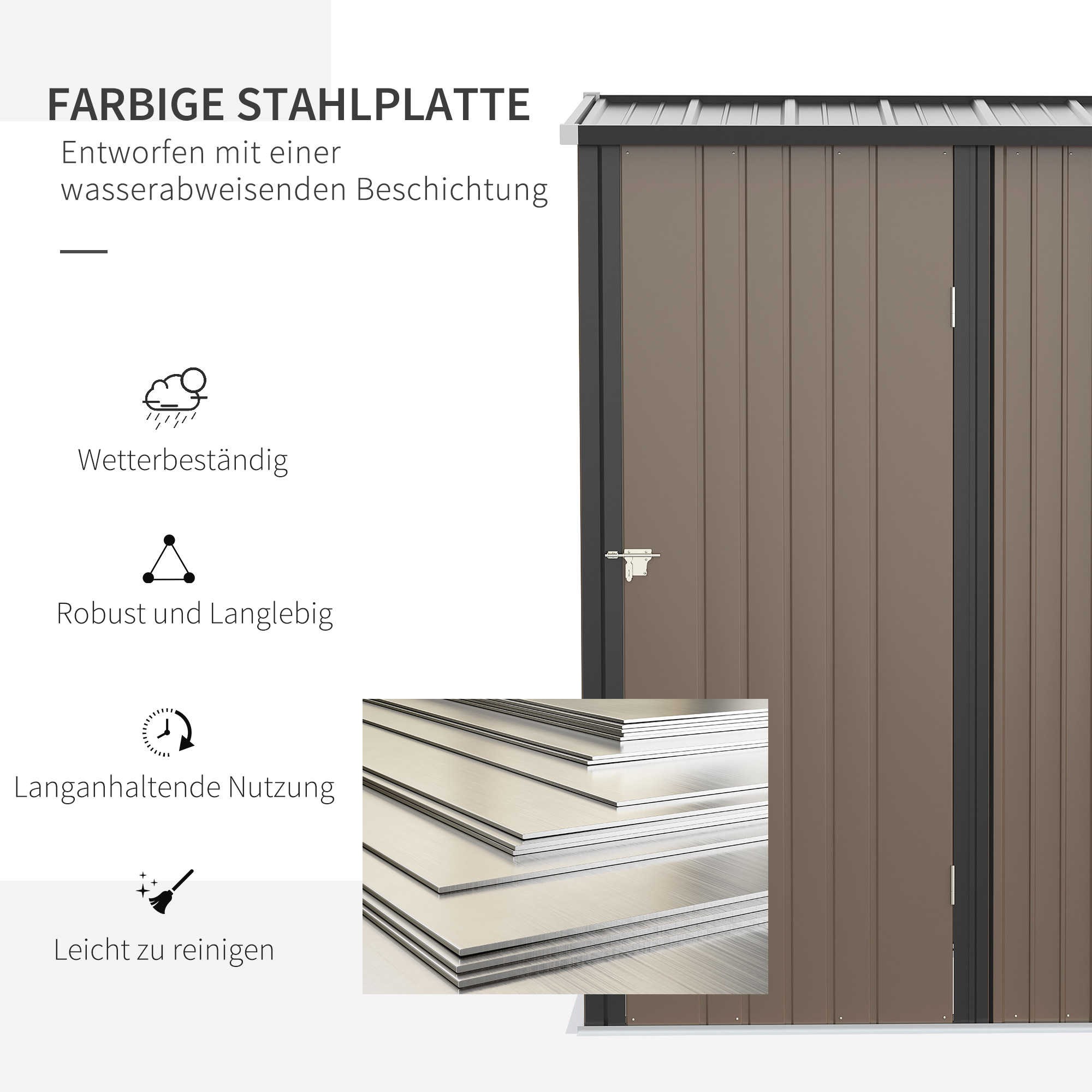 Braune Metallplatte mit silberner Kante und Tür. Stapel von Metallplatten im Vordergrund.