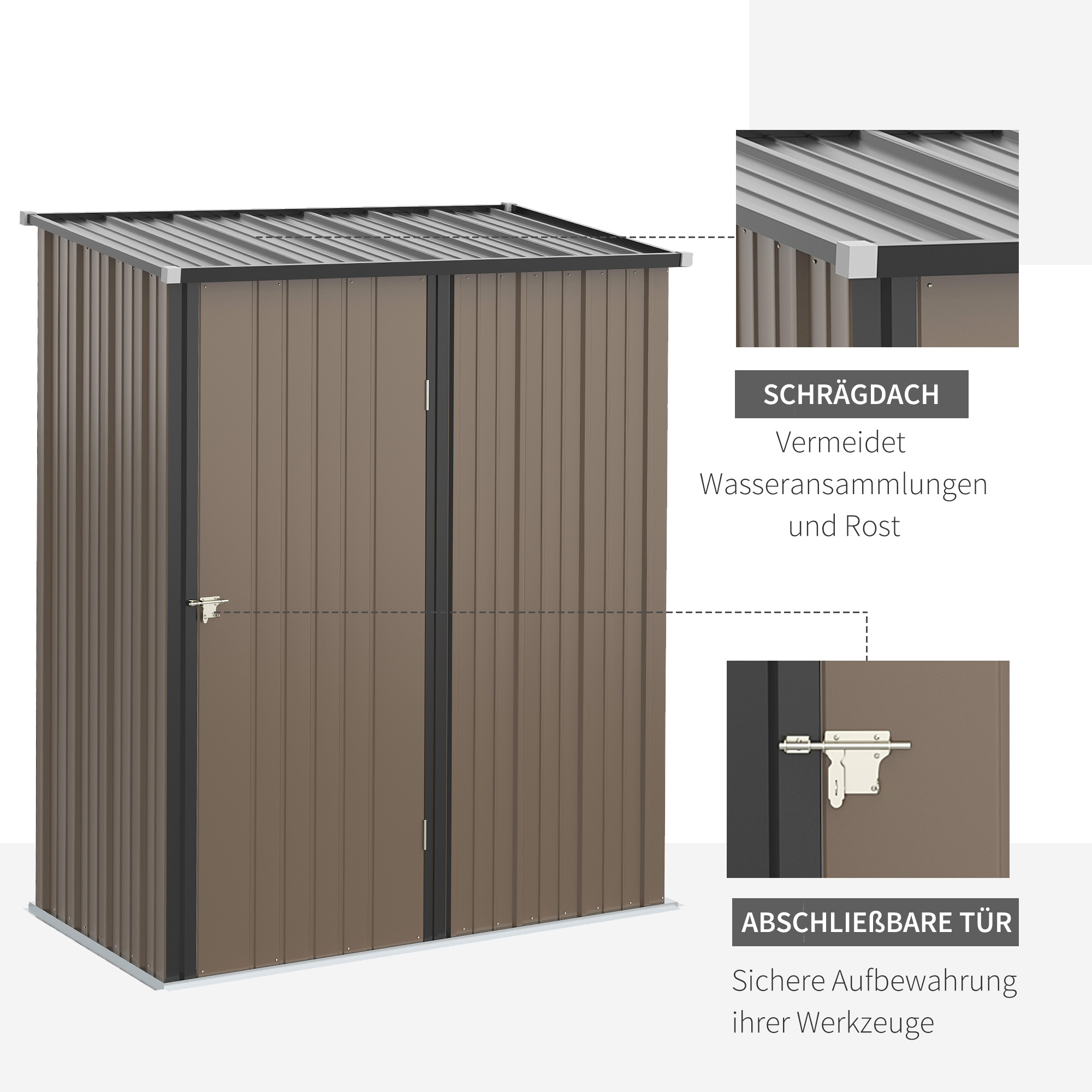 Braune Gartenschuppen mit Doppeltüren und schrägem Dach, mit Ausschnitten.