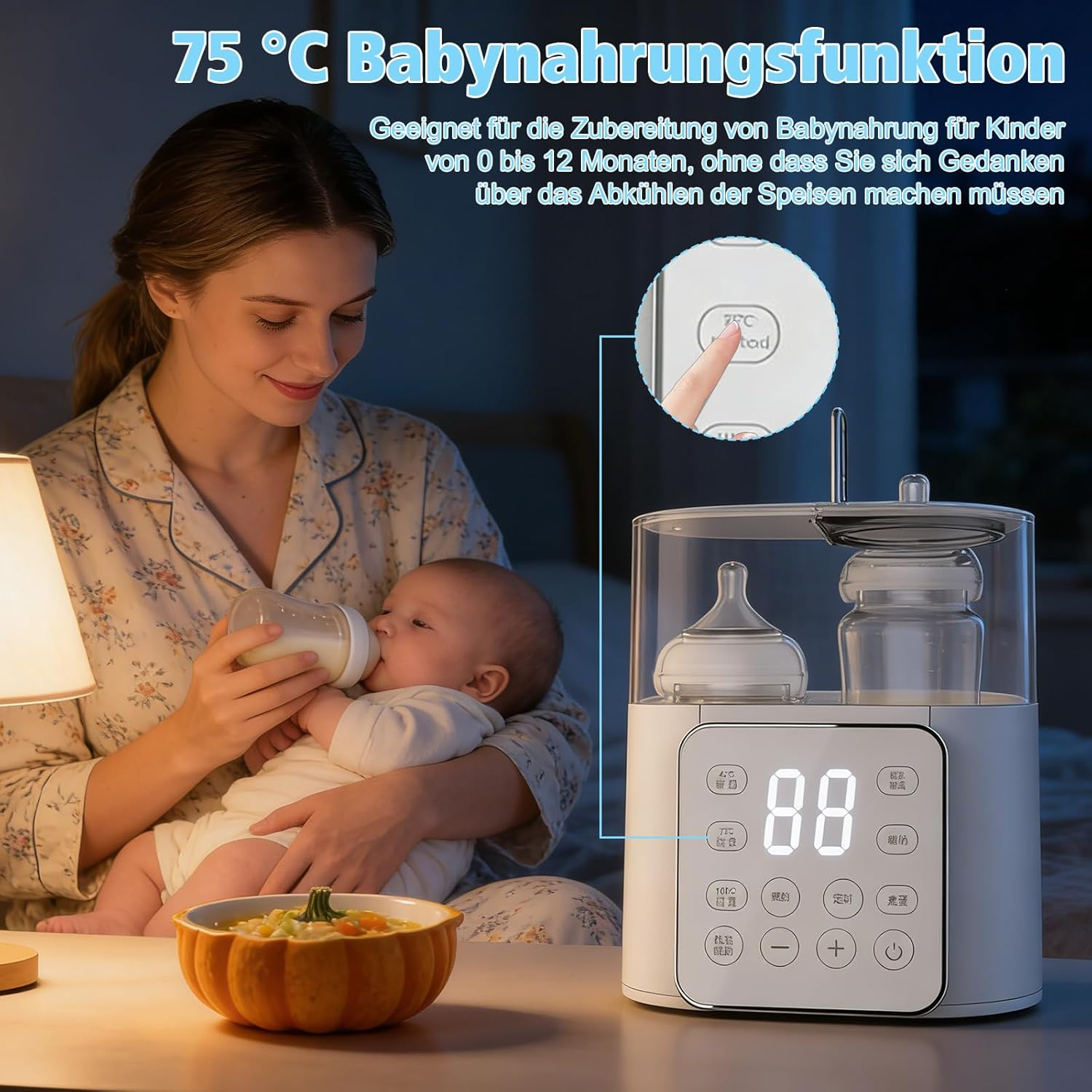 Eine Frau füttert ein Baby mit einer Flasche. Ein Babyflaschenwärmer steht daneben.