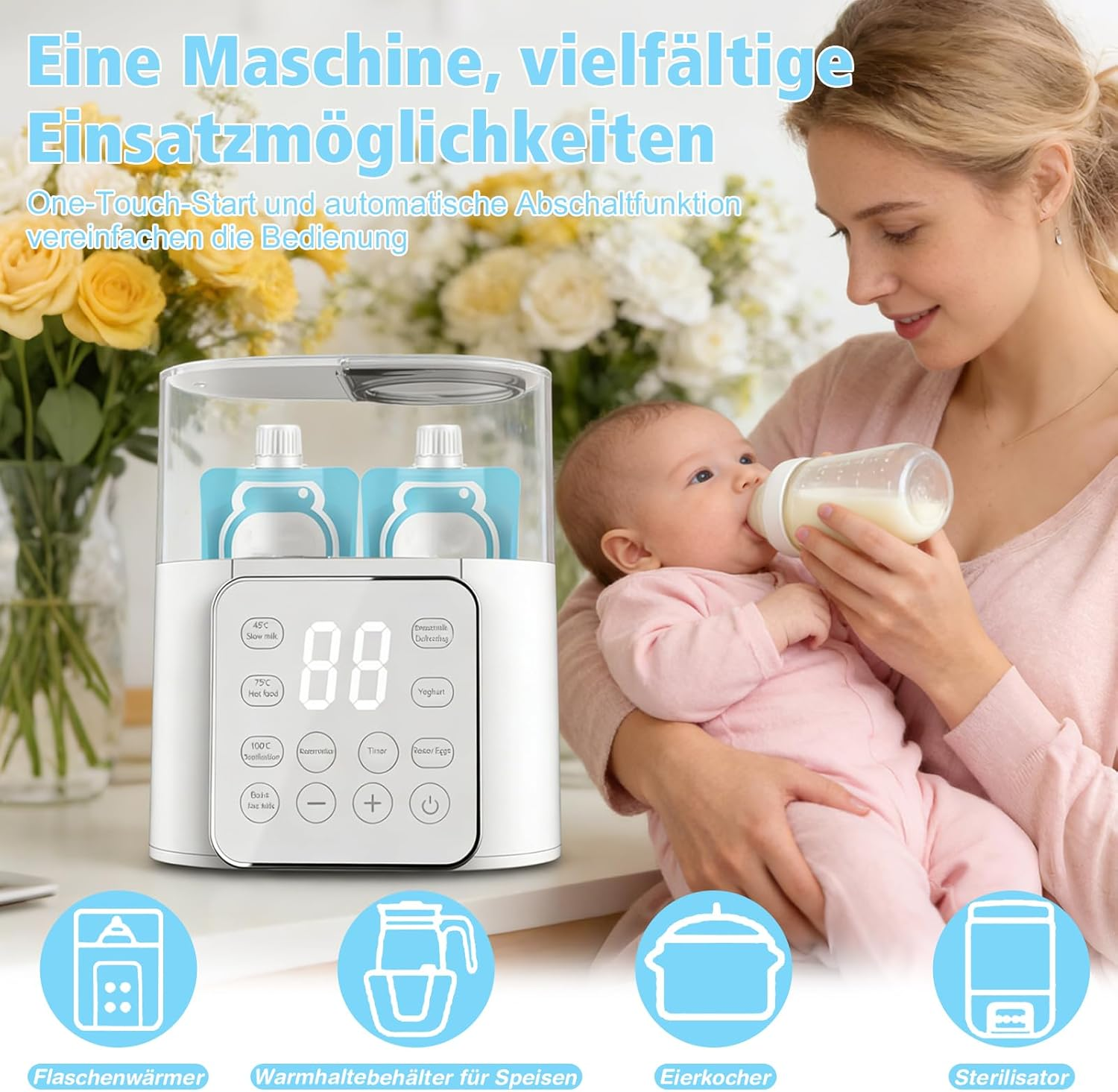 Eine Frau füttert Baby mit Flasche neben einem Sterilisator mit Blumen.