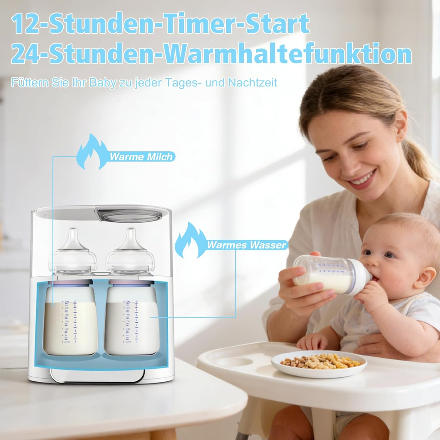 Frau füttert Baby mit Flasche neben einem Flaschenwärmer mit zwei Flaschen.