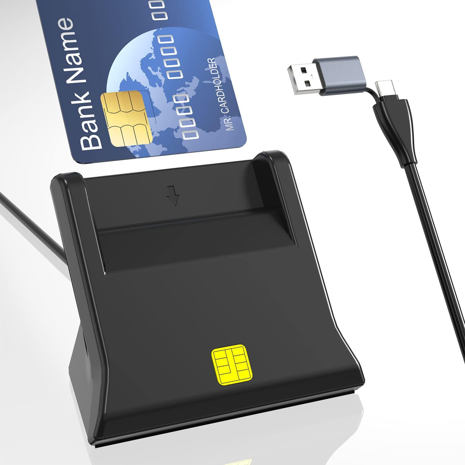 Ein schwarzer Kartenleser mit einem blauen Bankkreditkarten-Chip und einem USB-C-Kabel.