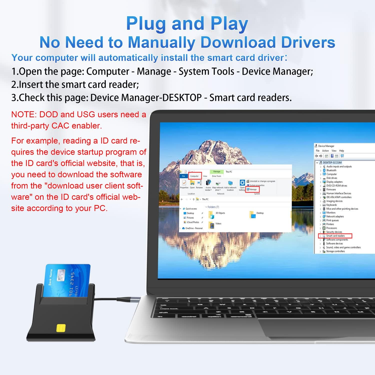 Laptop mit Smartcard-Leser und Chipkarte, zeigt den Geräte-Manager mit Smartcard-Lesern an.