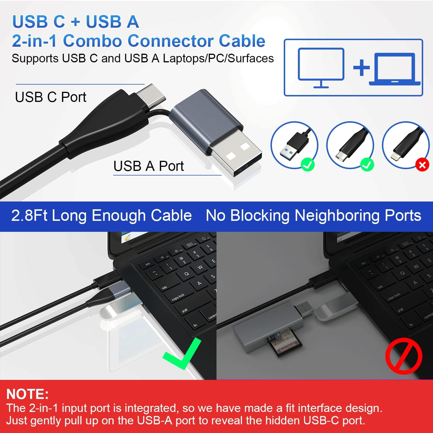 USB-C- und USB-A-2-in-1-Kabel an Laptops angeschlossen. SD-Karte in Nabe.