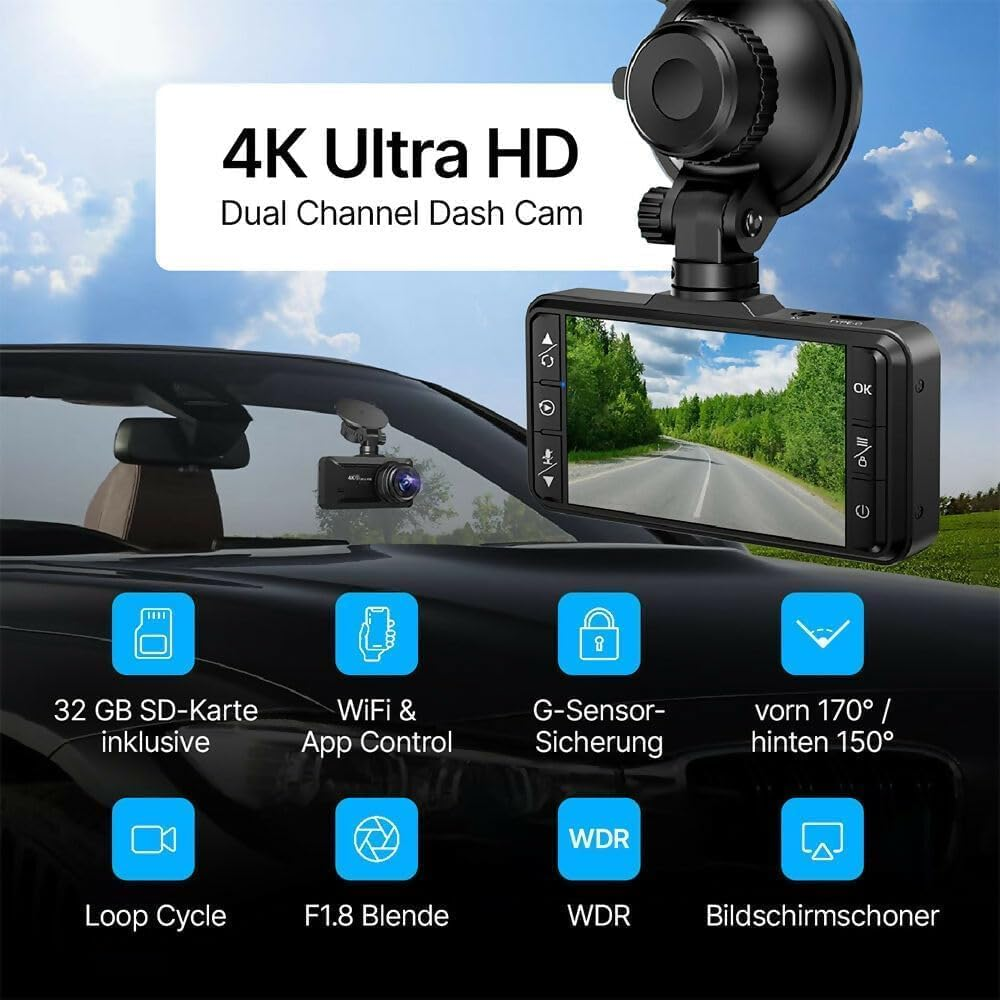 4K Dual Channel Dash Cam mit SD-Karte, WLAN, G-Sensor und 170° Sicht.