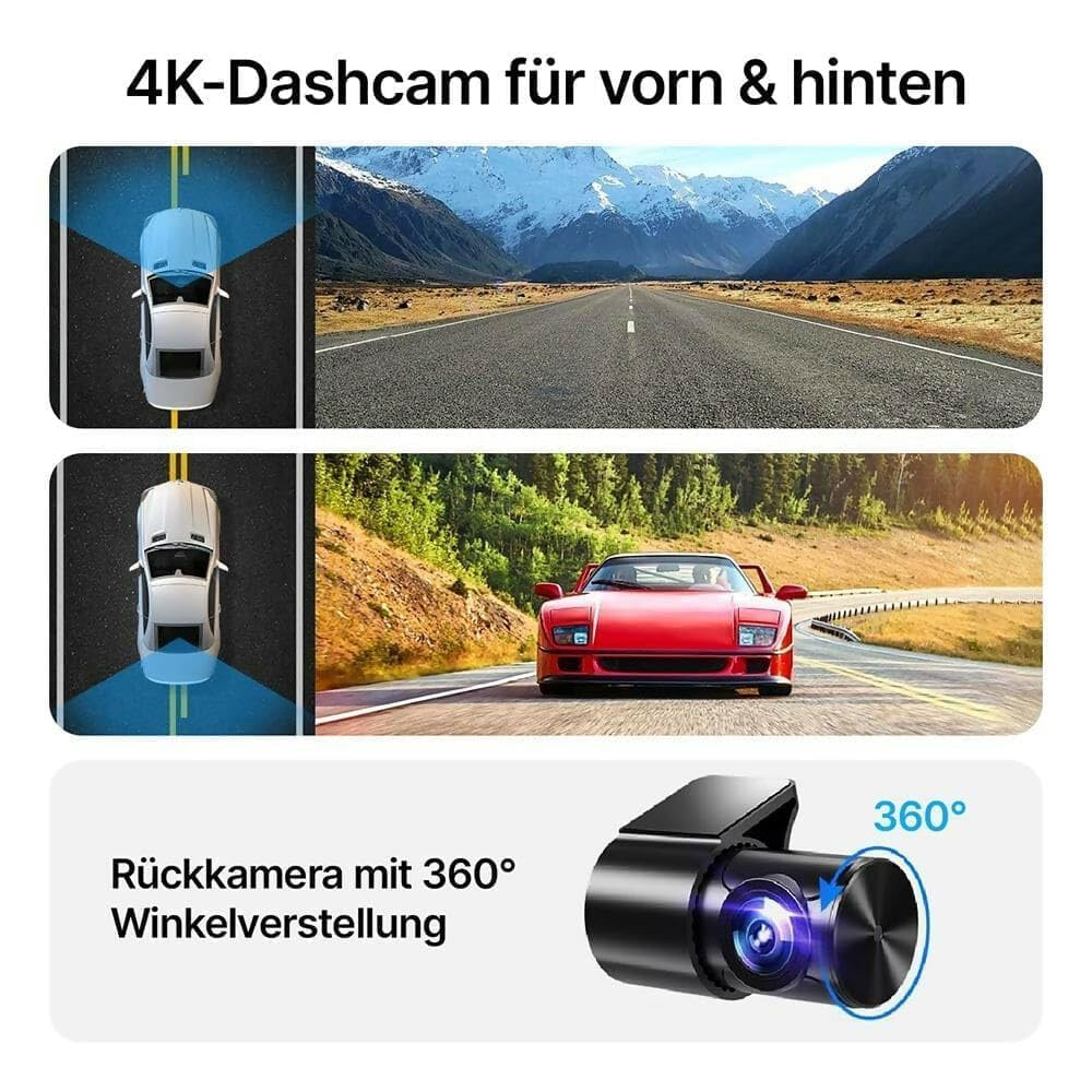 4K Dashcam für vorne & hinten, rote Sportwagen- und Bergstraßenansicht.