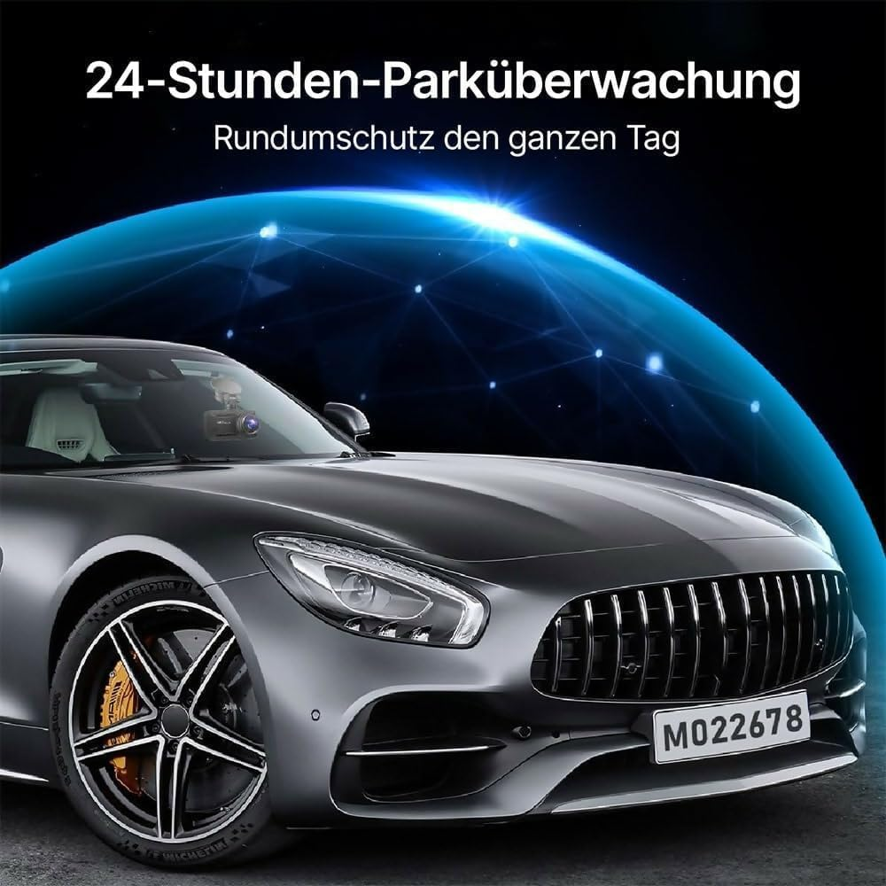 Graues Auto mit Dashcam und blauem Erdglobus-Netzwerk im Hintergrund.