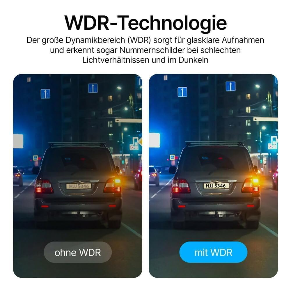 Zwei Nachtaufnahmen eines Autos mit Kennzeichen HJJ 5346. Links ohne WDR, rechts mit WDR.