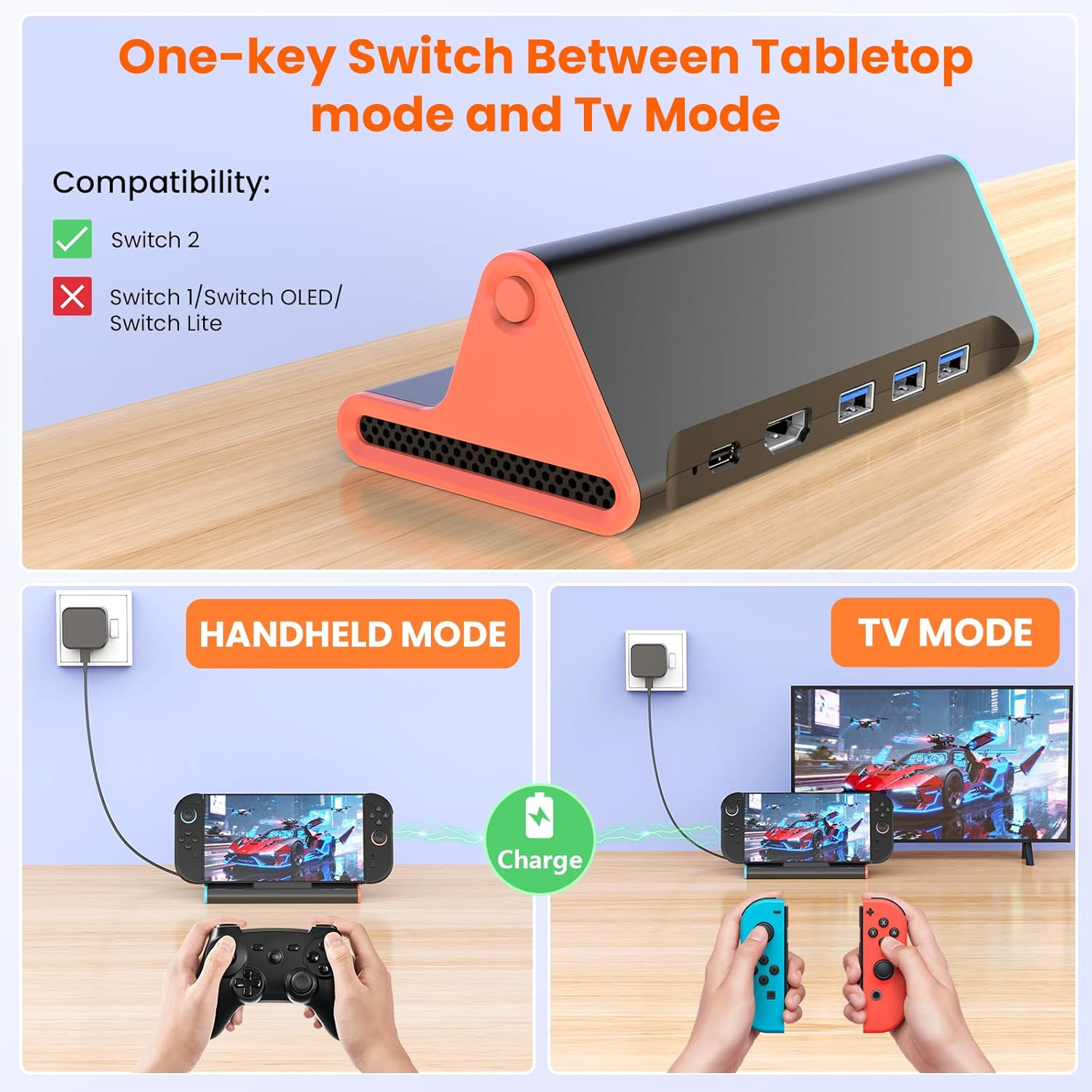 Dockingstation für Switch 2. Zeigt Handheld- und TV-Modus mit Controllern.