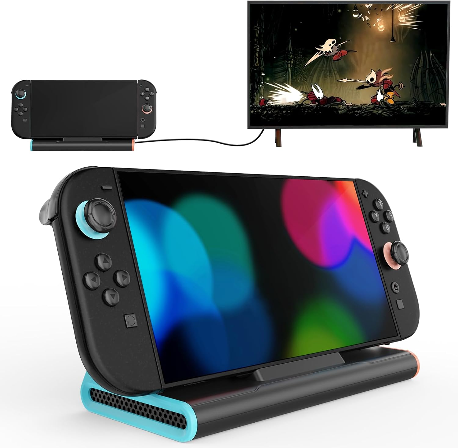 Eine schwarze Spielekonsole mit Bildschirm, bunte Lichter zeigend, steht auf einem Ständer und ist mit einem Fernseher verbunden, der ein Spiel zeigt.