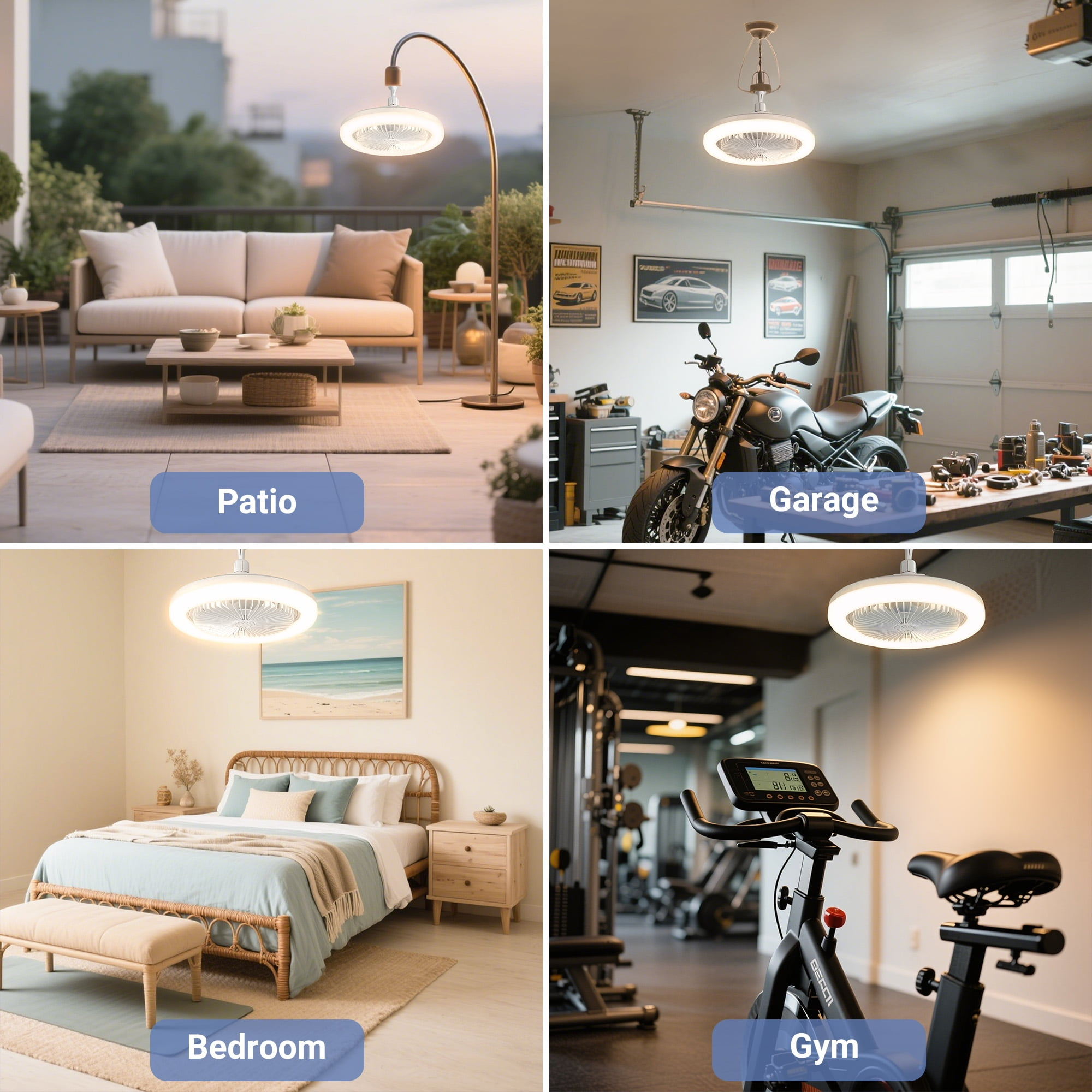Vier Szenen: Patio mit Sofa, Garage mit Motorrad, Schlafzimmer mit Bett, Fitnessstudio mit Heimtrainer.