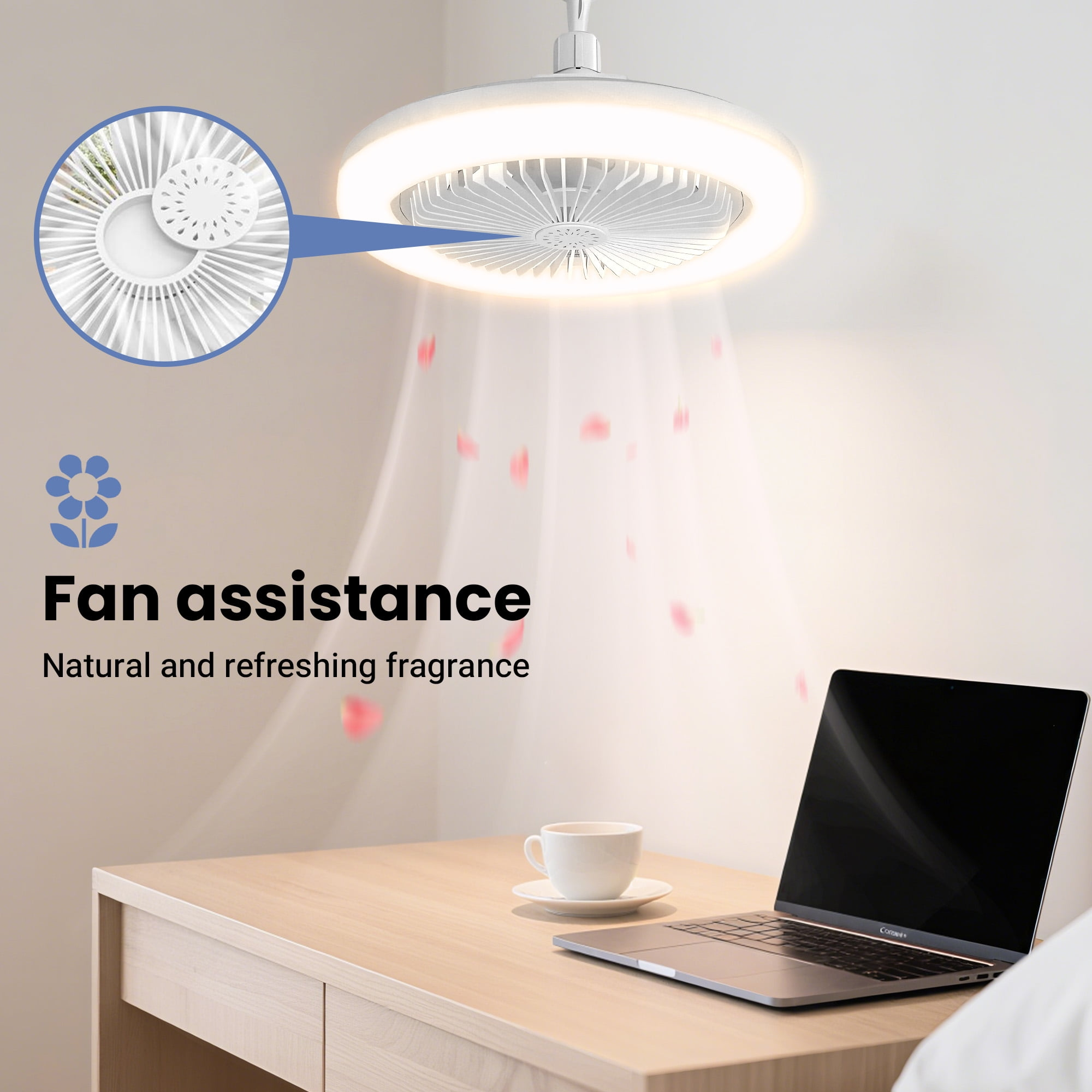 Eine Deckenlampe mit Ventilator und Licht leuchtet auf einen Schreibtisch mit Laptop und Tasse.