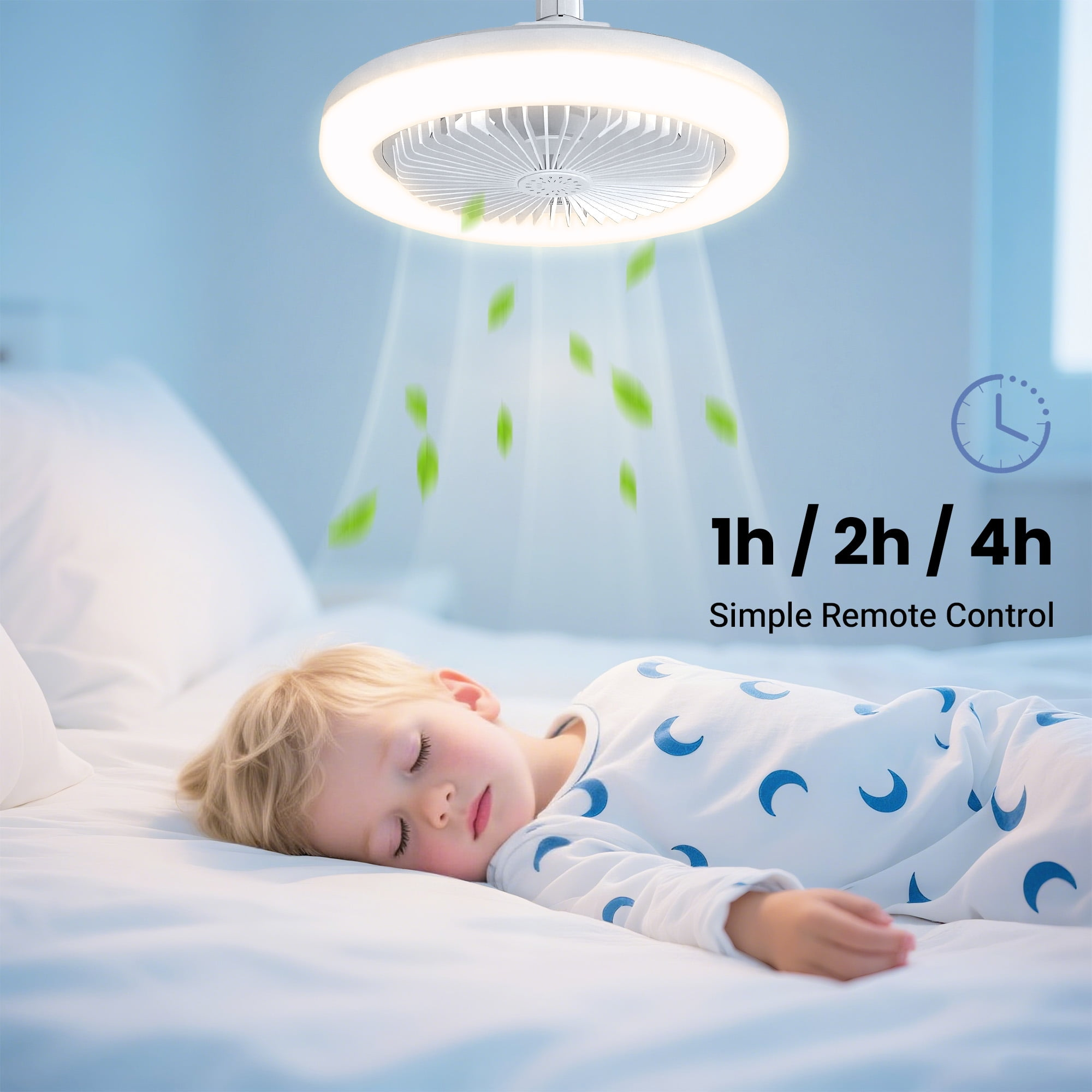 Ein Kind schläft unter einem Deckenventilator mit Licht. Timer-Optionen angezeigt.