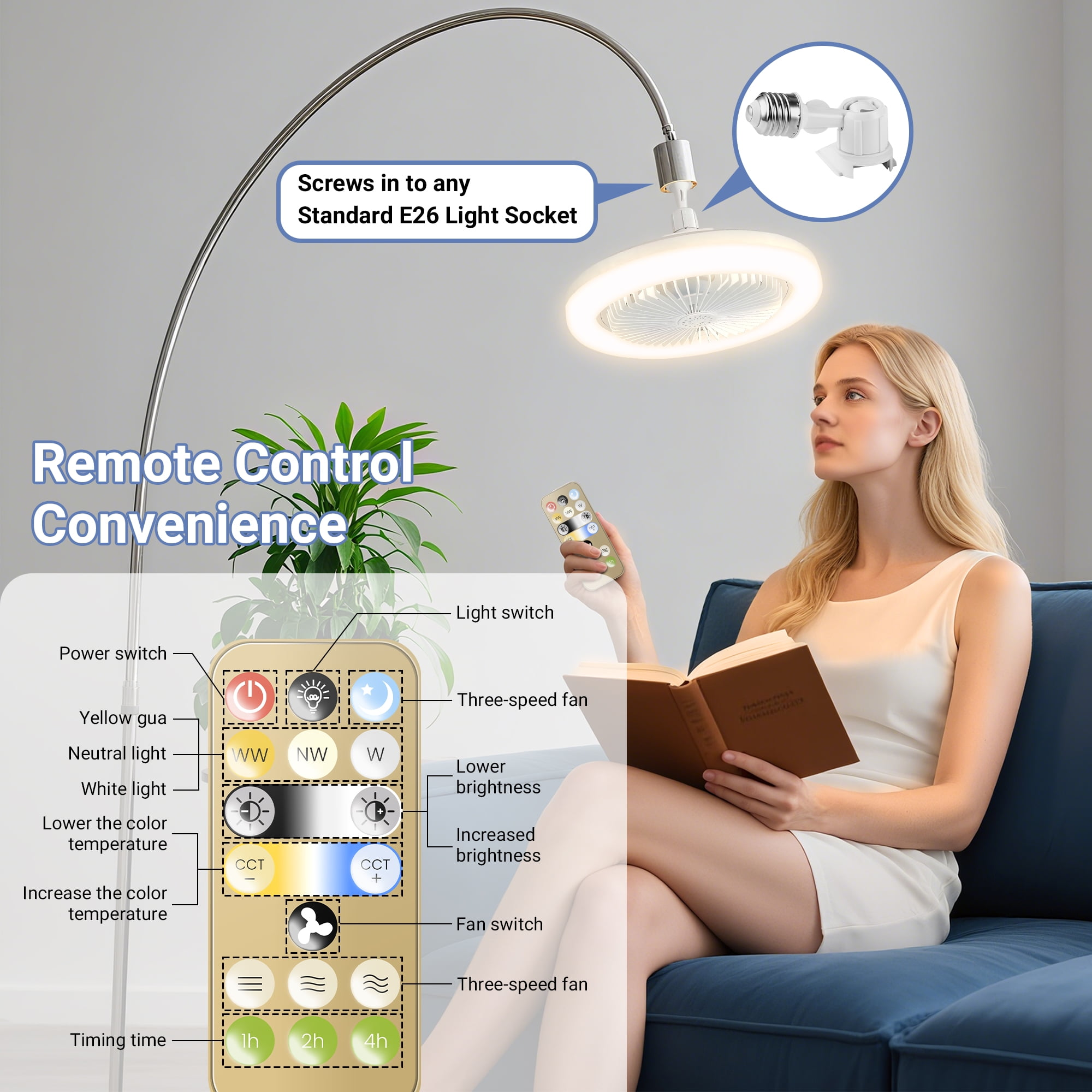 Frau liest Buch, hält Fernbedienung für Deckenventilator-Lampe, die an E26-Sockel geschraubt wird.