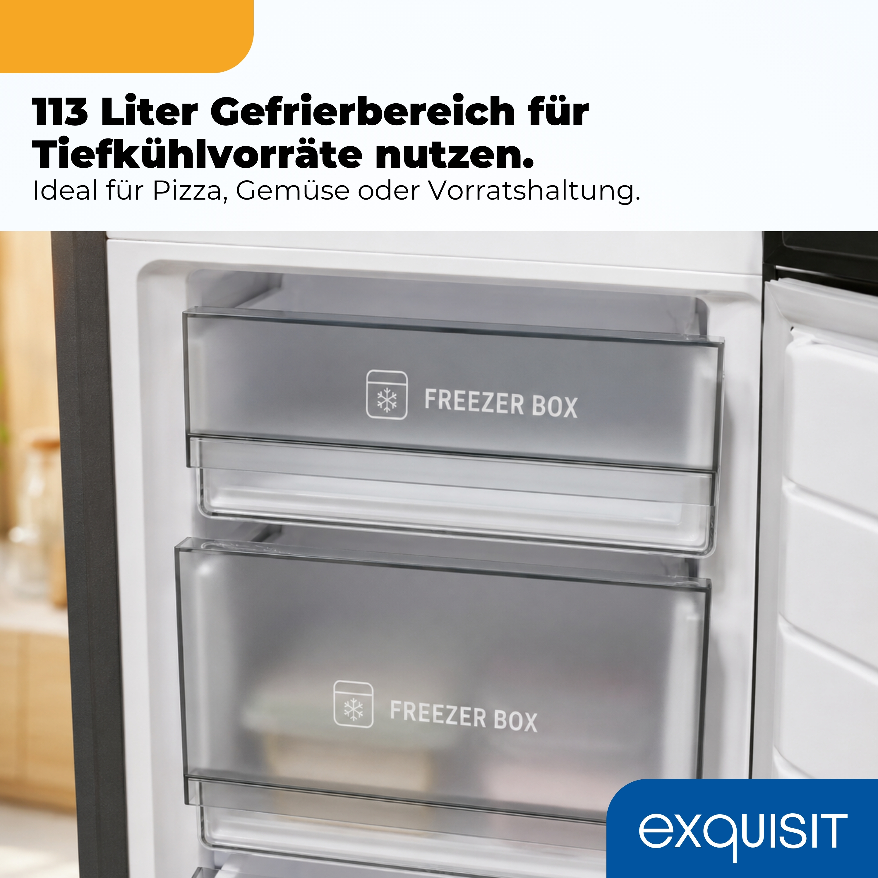 Einbaukühlschrank mit zwei transparenten Gefrierboxen, beschriftet mit FREEZER BOX.