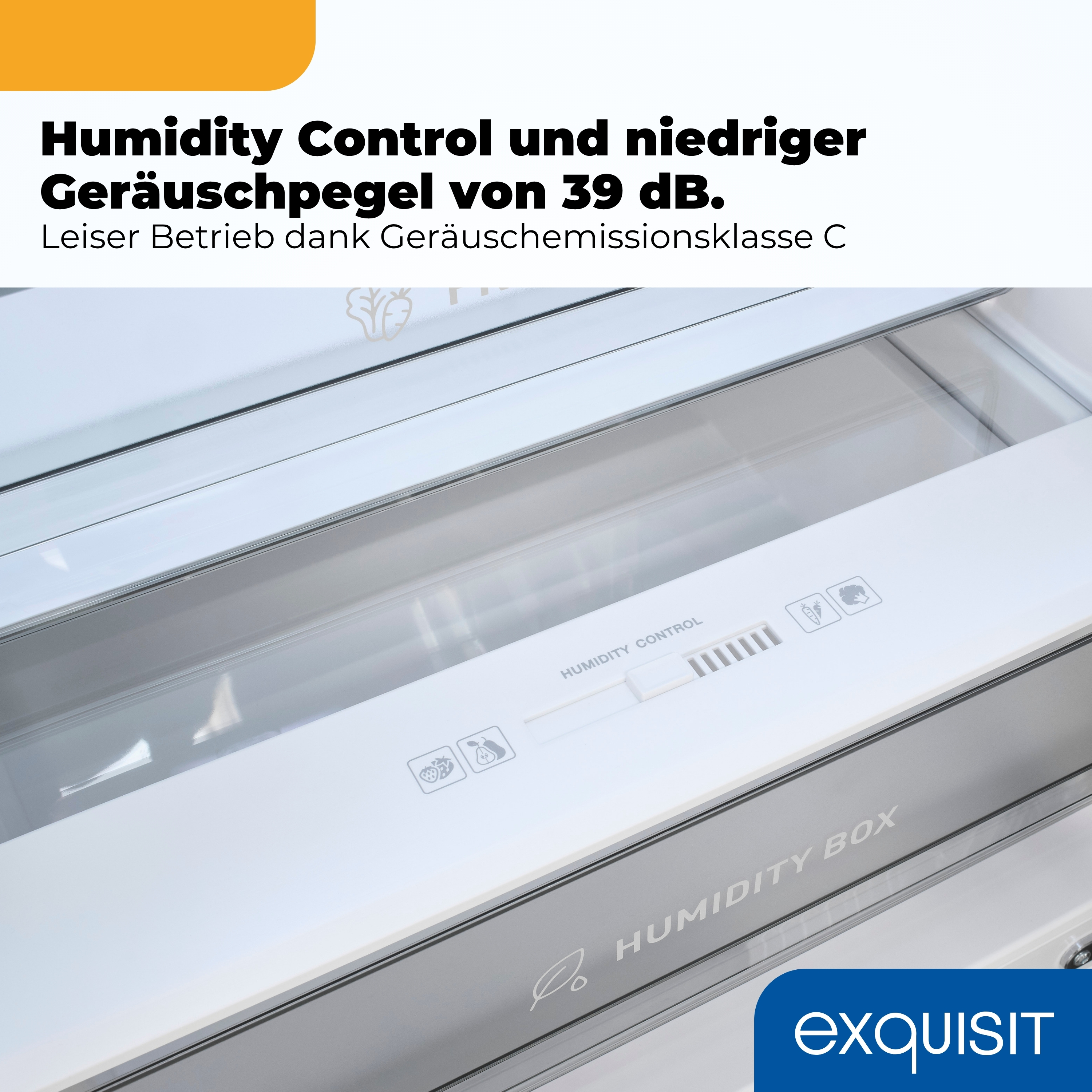 Nahaufnahme eines Kühlschrankfachs mit "Humidity Control" und Symbolen.