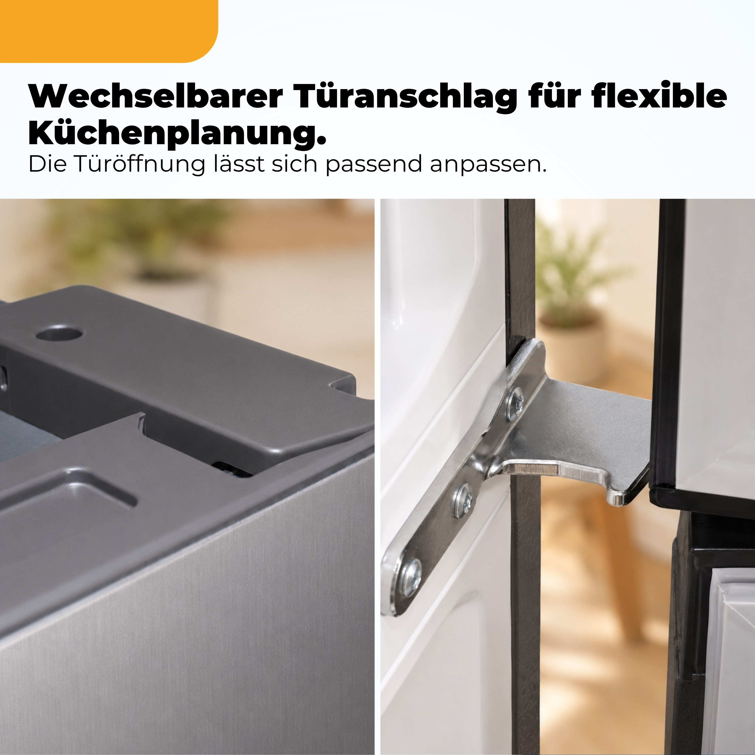 Nahaufnahme eines Scharniers und Rahmens einer Tür aus gebürstetem Metall. Küchenplanung.