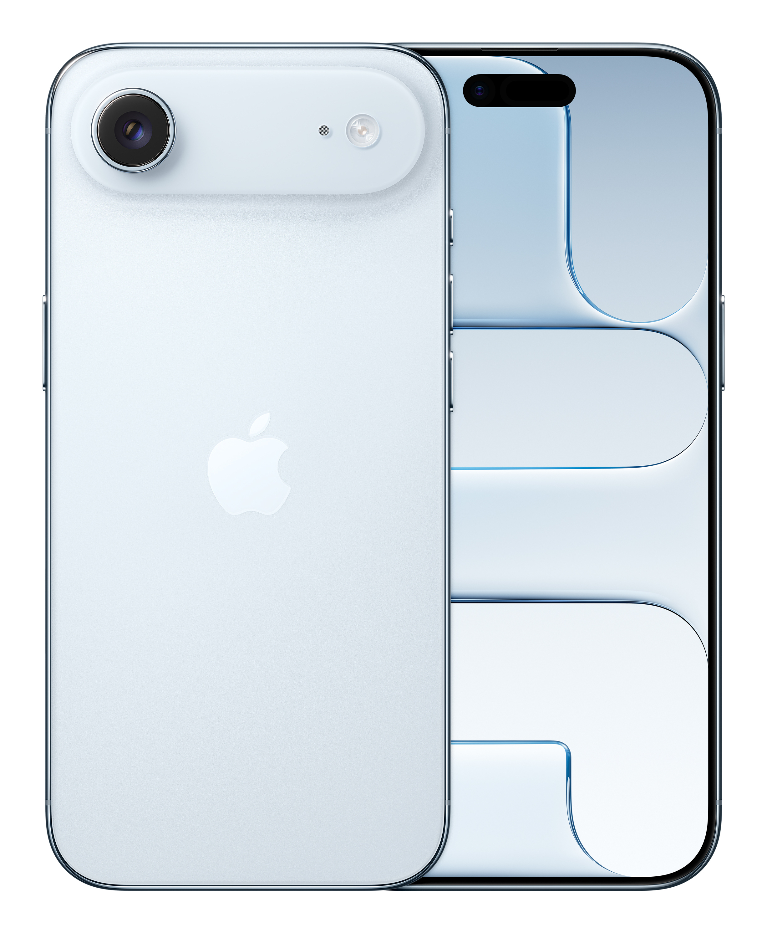 Dwa białe iPhone'y obok siebie. Jeden pokazuje kamery, drugi logo Apple.