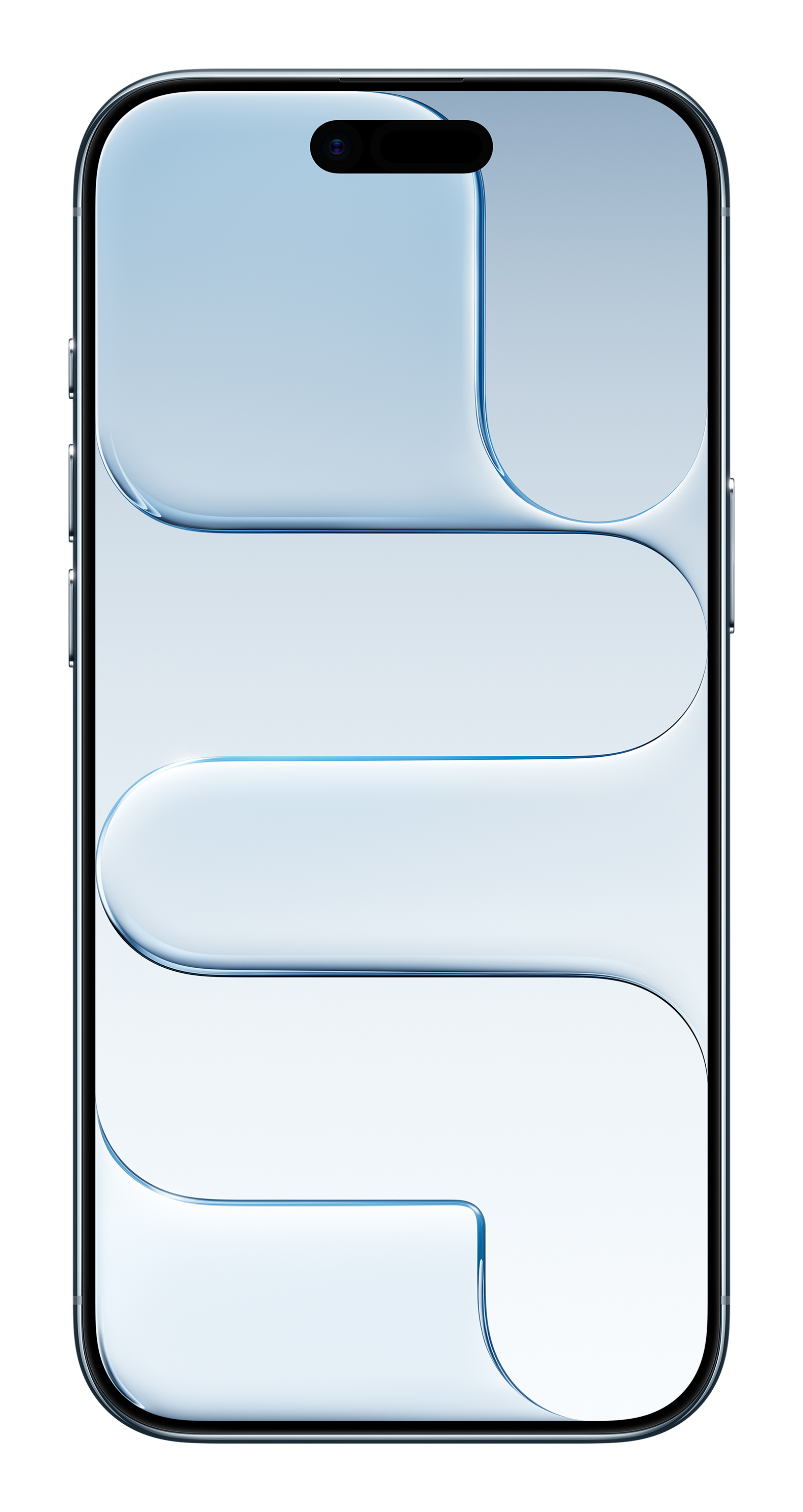 Smartfon z niebieskim falistym wzorem na ekranie, na białym tle.