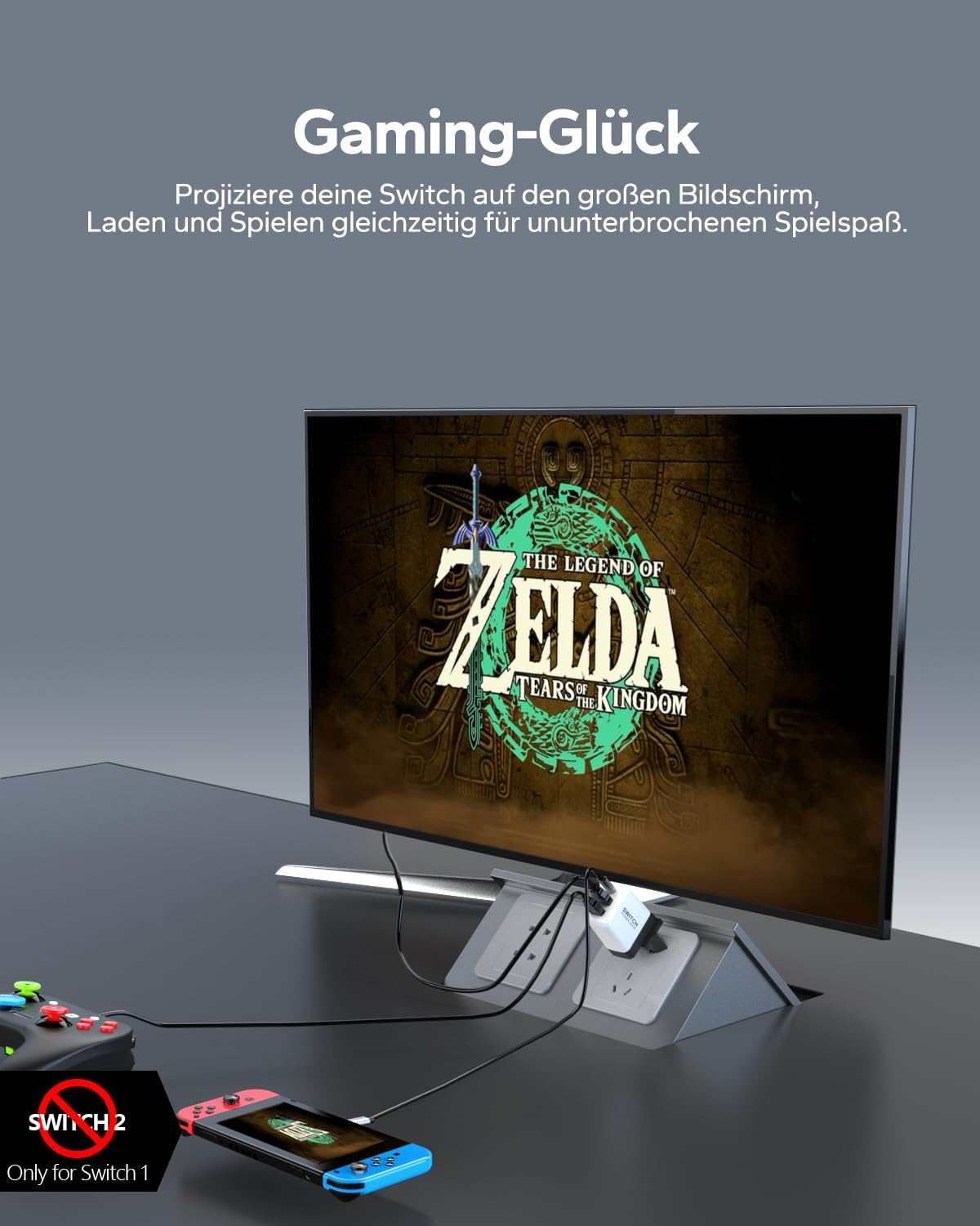 Nintendo Switch mit Zelda-Spiel wird auf Fernseher gestreamt, Ladeadapter angeschlossen.