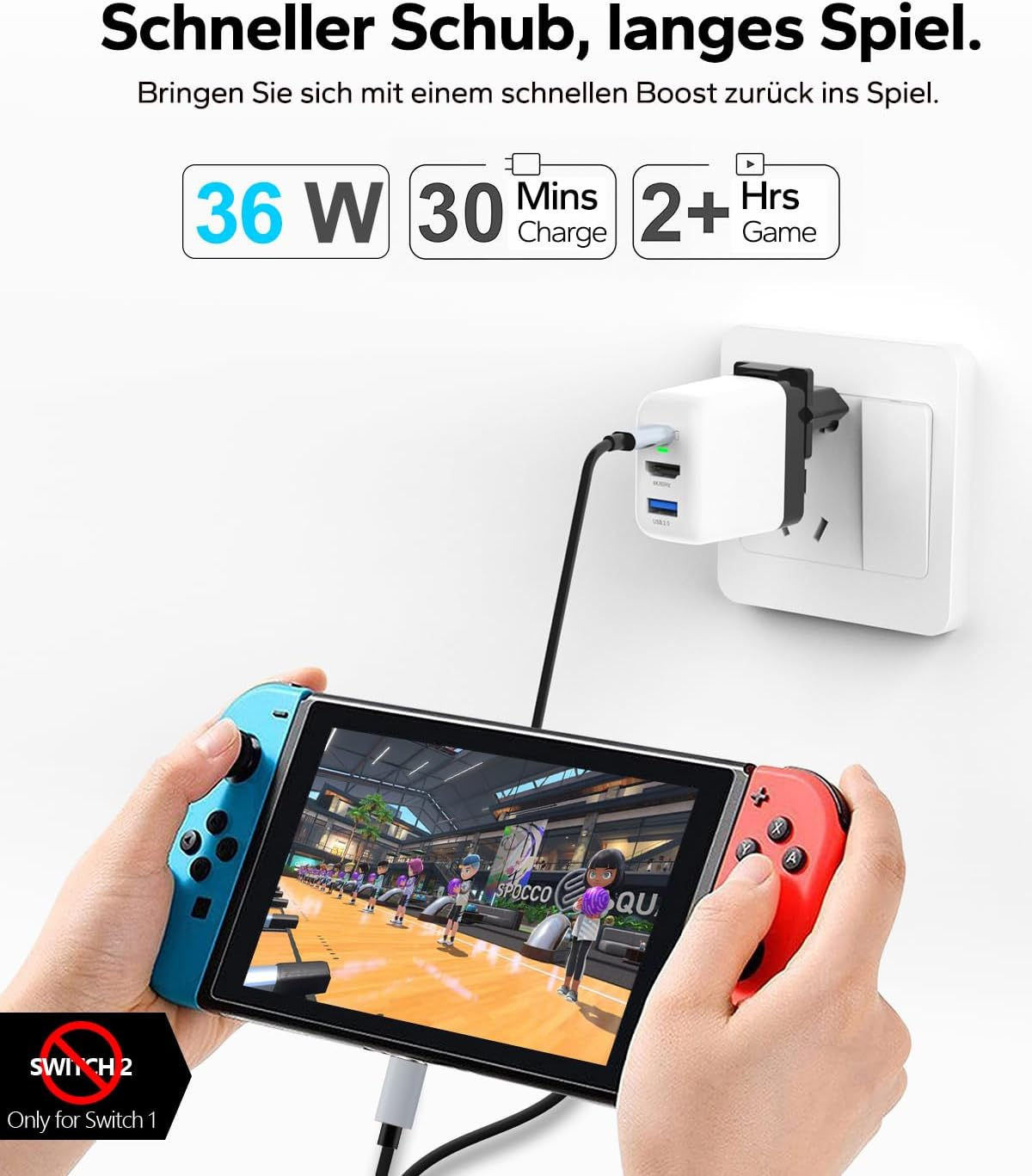 Nintendo Switch lädt mit 36W, 30 Min Ladezeit, 2+ Std Spielzeit.