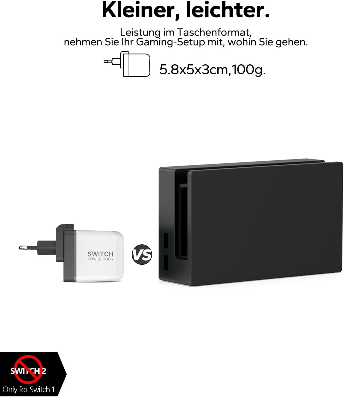 Ein kleiner weißer Switch Power Dock neben einem schwarzen Dock.