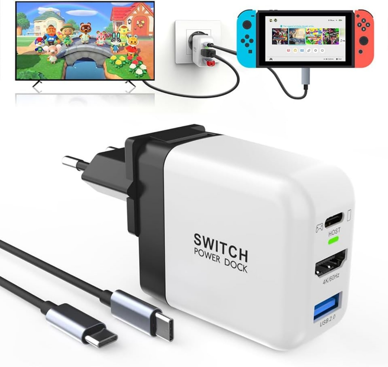 Nintendo Switch Dock mit Kabeln verbindet TV und Ladegerät. Animal Crossing auf dem Bildschirm.