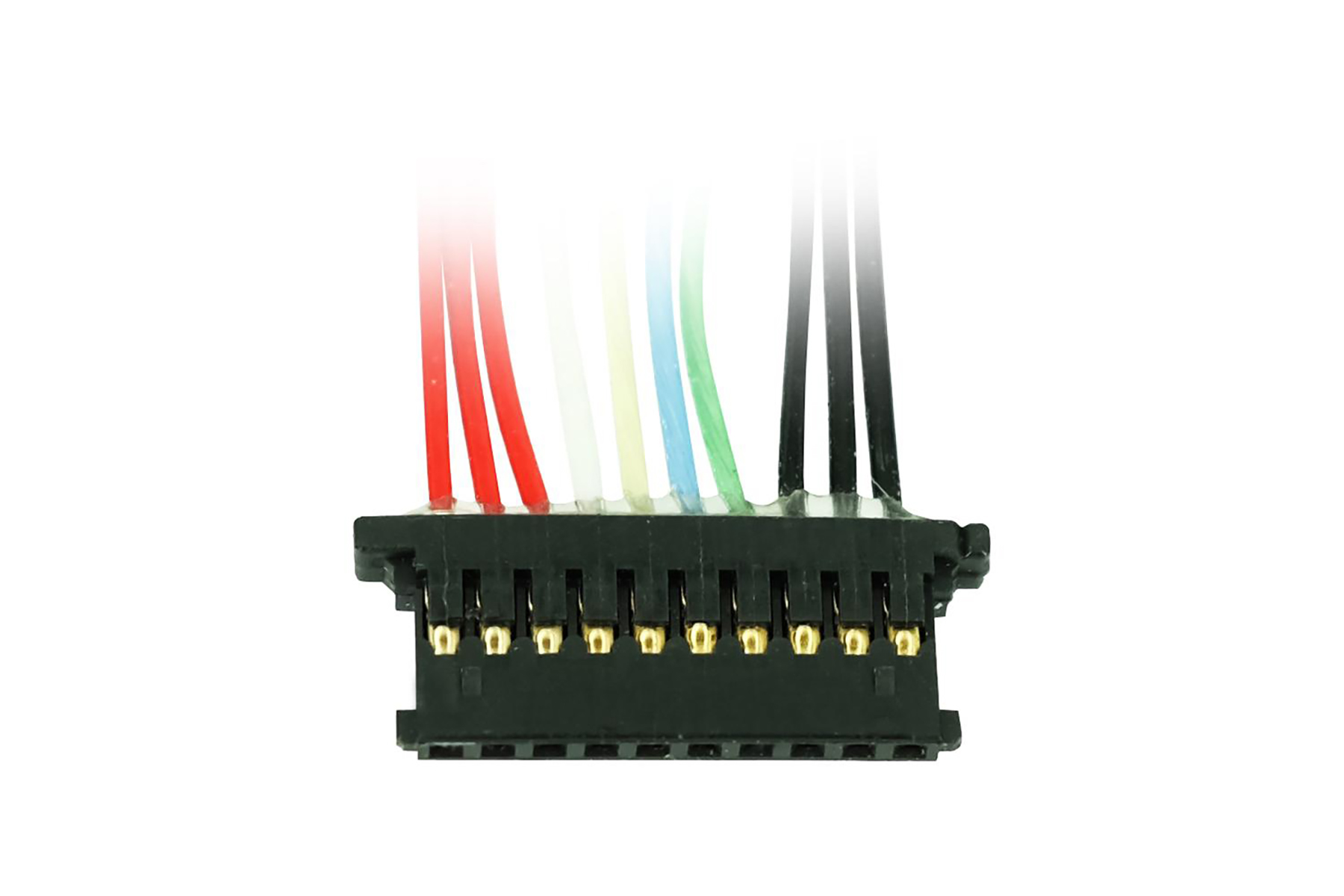 Schwarzer Stecker mit bunten Kabeln: Rot, Weiß, Gelb, Blau, Grün, Schwarz.