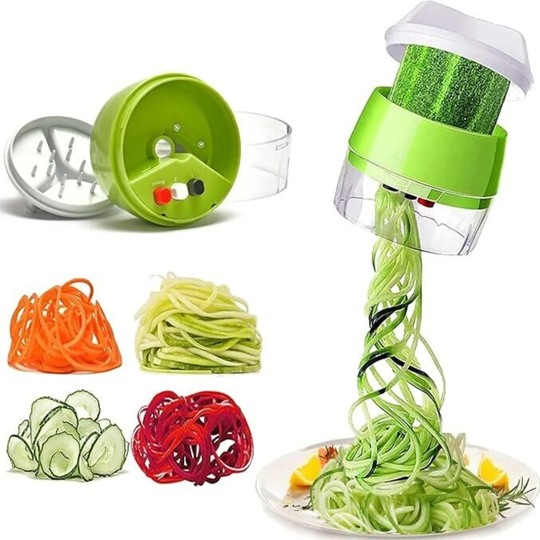 Grüner Spiralizer mit Gurkenstreifen, Karotten, Radieschen und Salat.