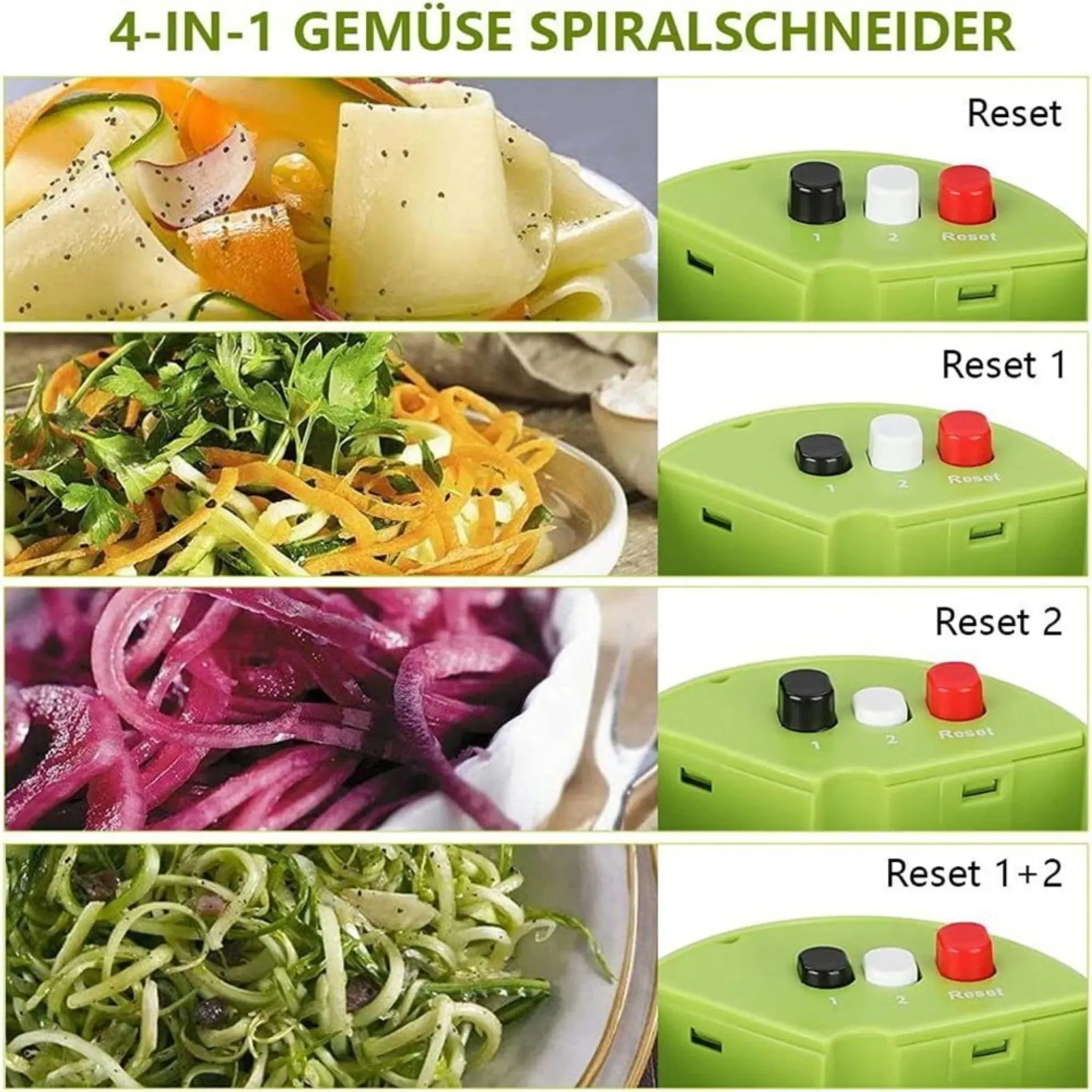 Gemüse Spiralschneider zeigt 4 verschiedene Ergebnisse: Zucchini, Karotten, rote Zwiebeln und Spiralen.