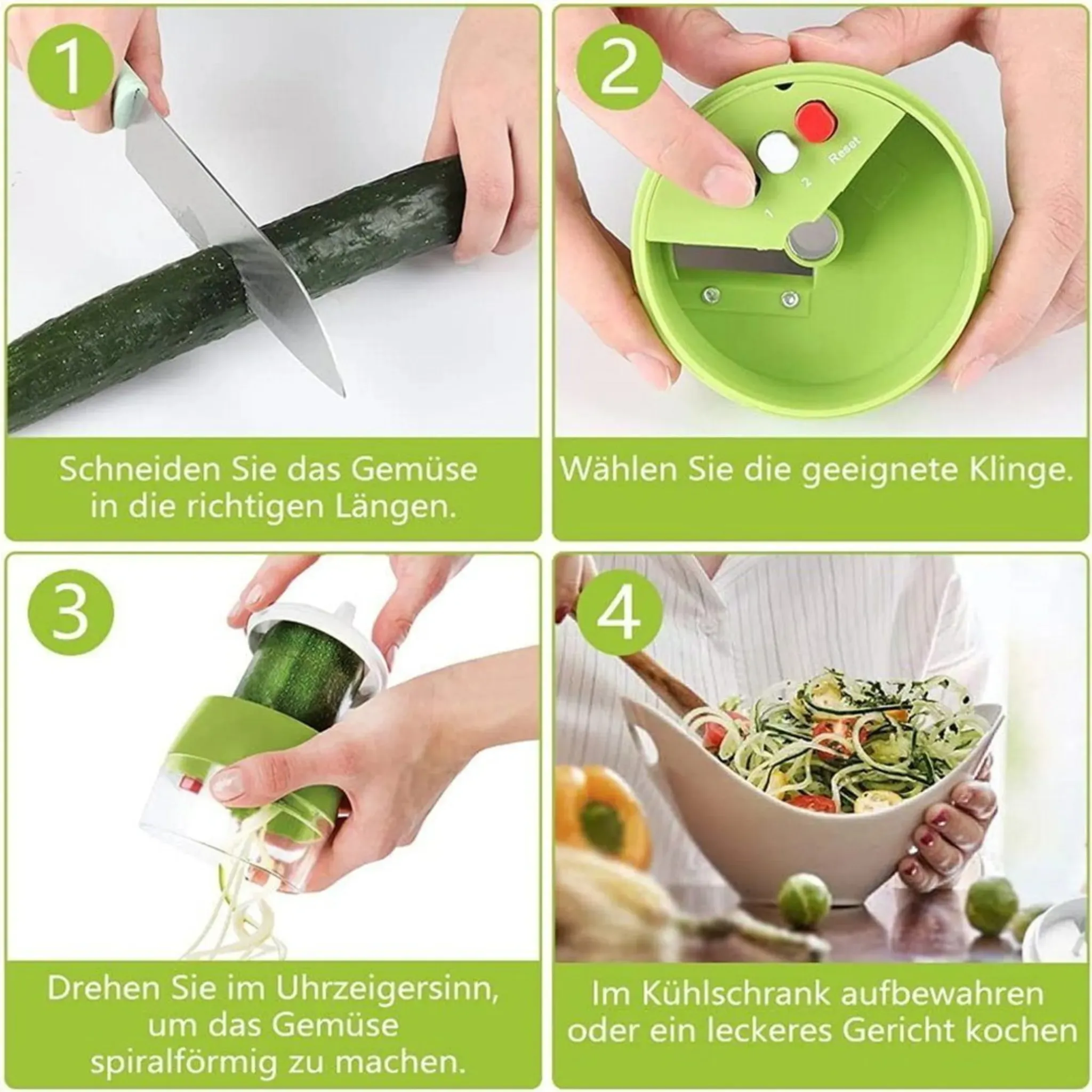 Schritt-für-Schritt-Anleitung zum Spiralisieren von Gemüse mit einem Spiralschneider.