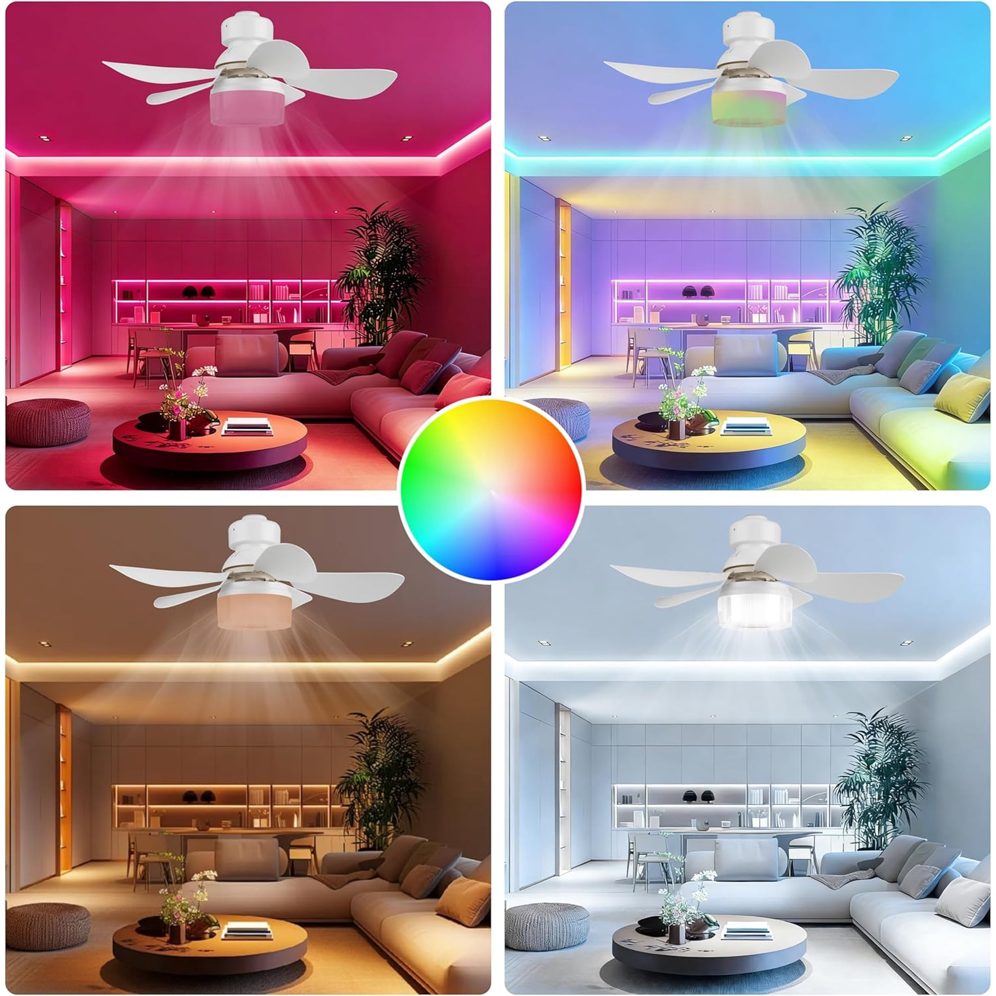 Ein Deckenventilator beleuchtet ein Wohnzimmer in verschiedenen Farben.