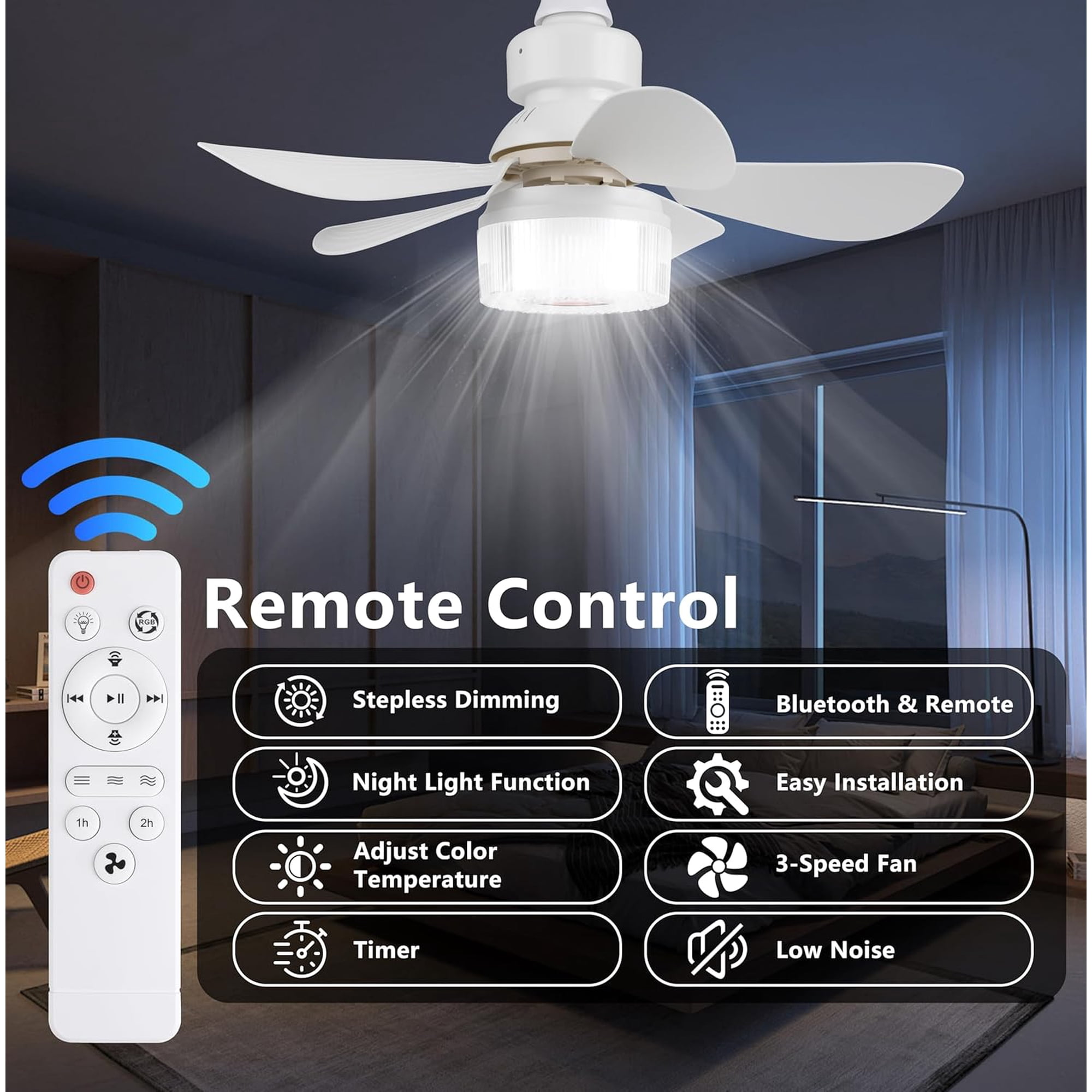 Deckenventilator mit Licht und Fernbedienung, Funktionen aufgelistet.