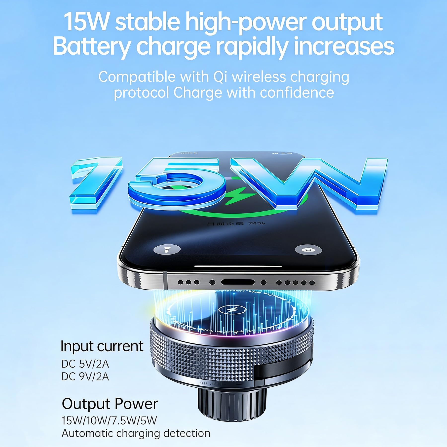 Ein Smartphone wird kabellos mit 15W geladen. Spezifikationen sind sichtbar.