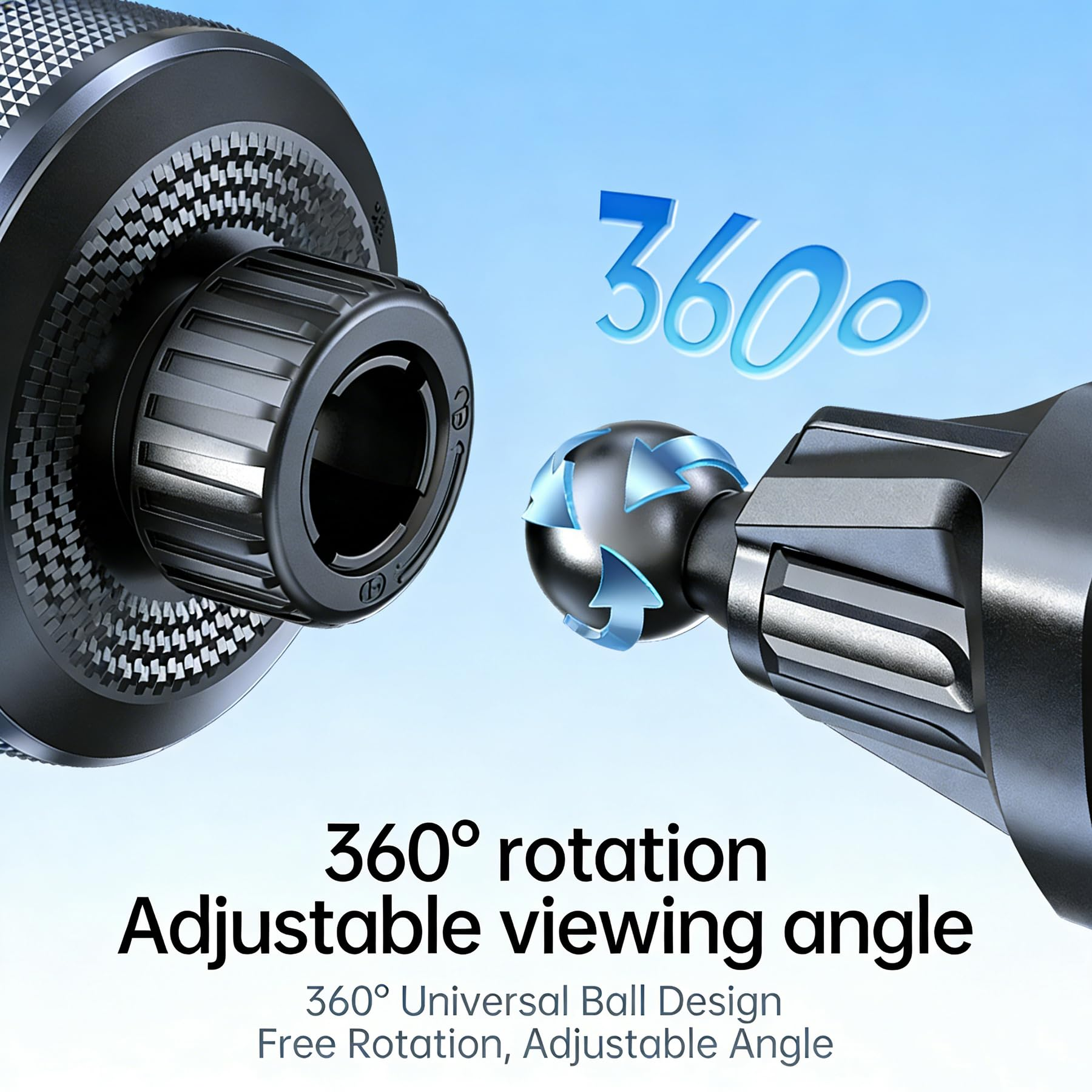 Schwarzer Kugelgelenkadapter mit 360°-Rotation und einstellbarem Blickwinkel.