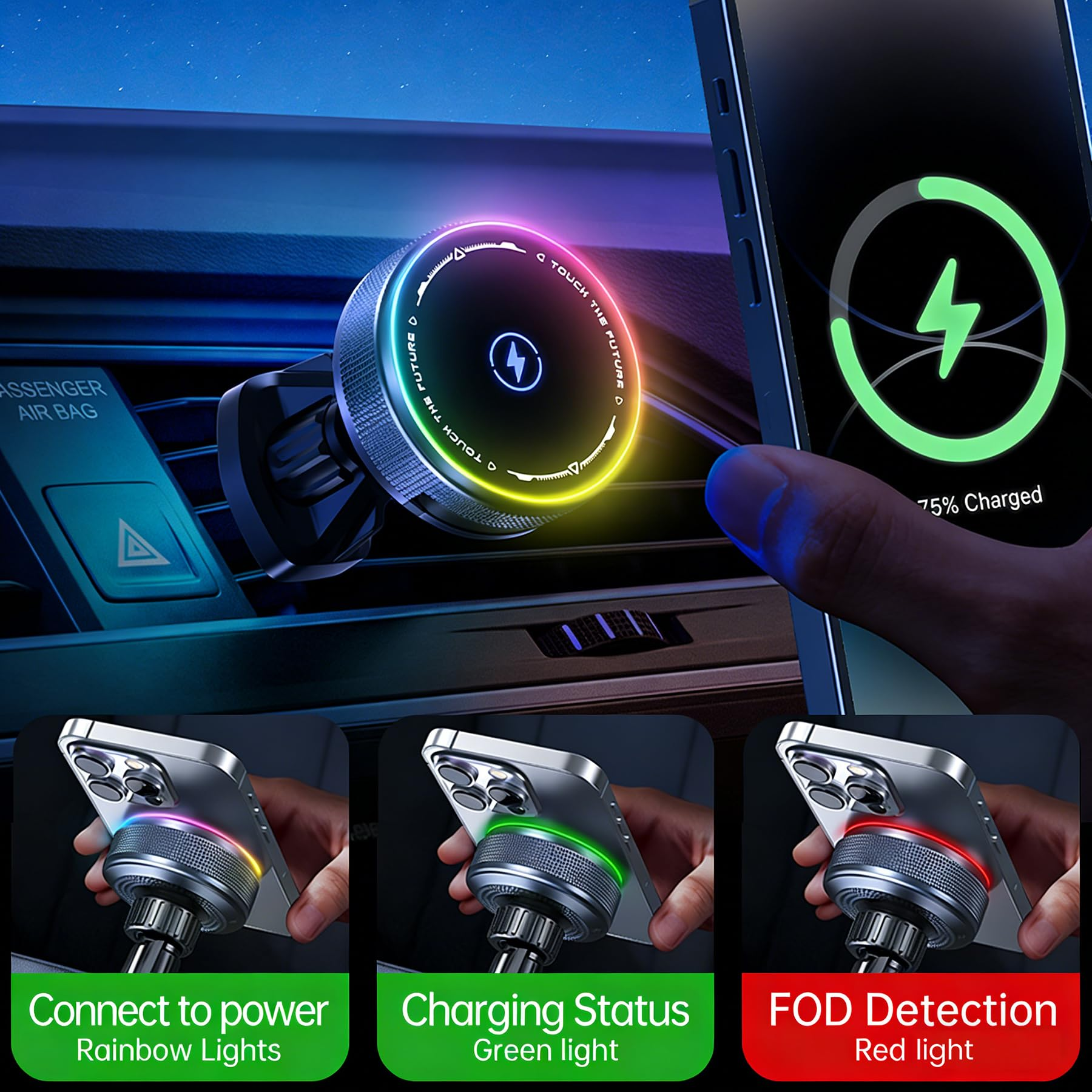 Hand hält Handy am Ladehalter im Auto, Ladezustand wird angezeigt.