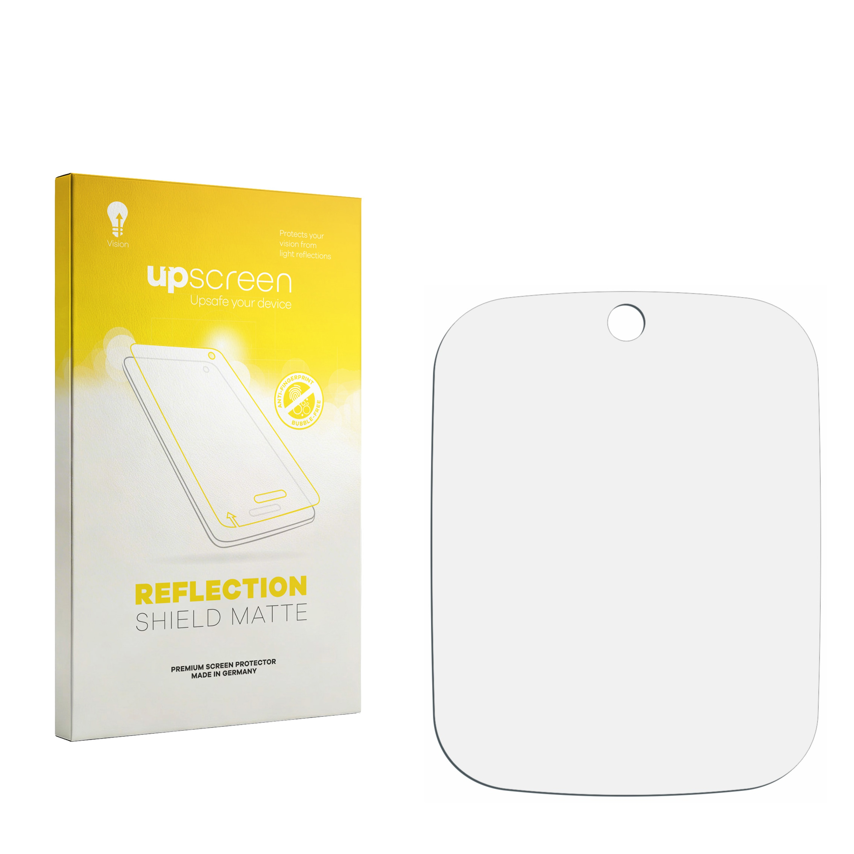 Gelbe Verpackung mit "upscreen Reflection Shield Matte" und einem weißen Displayschutz.