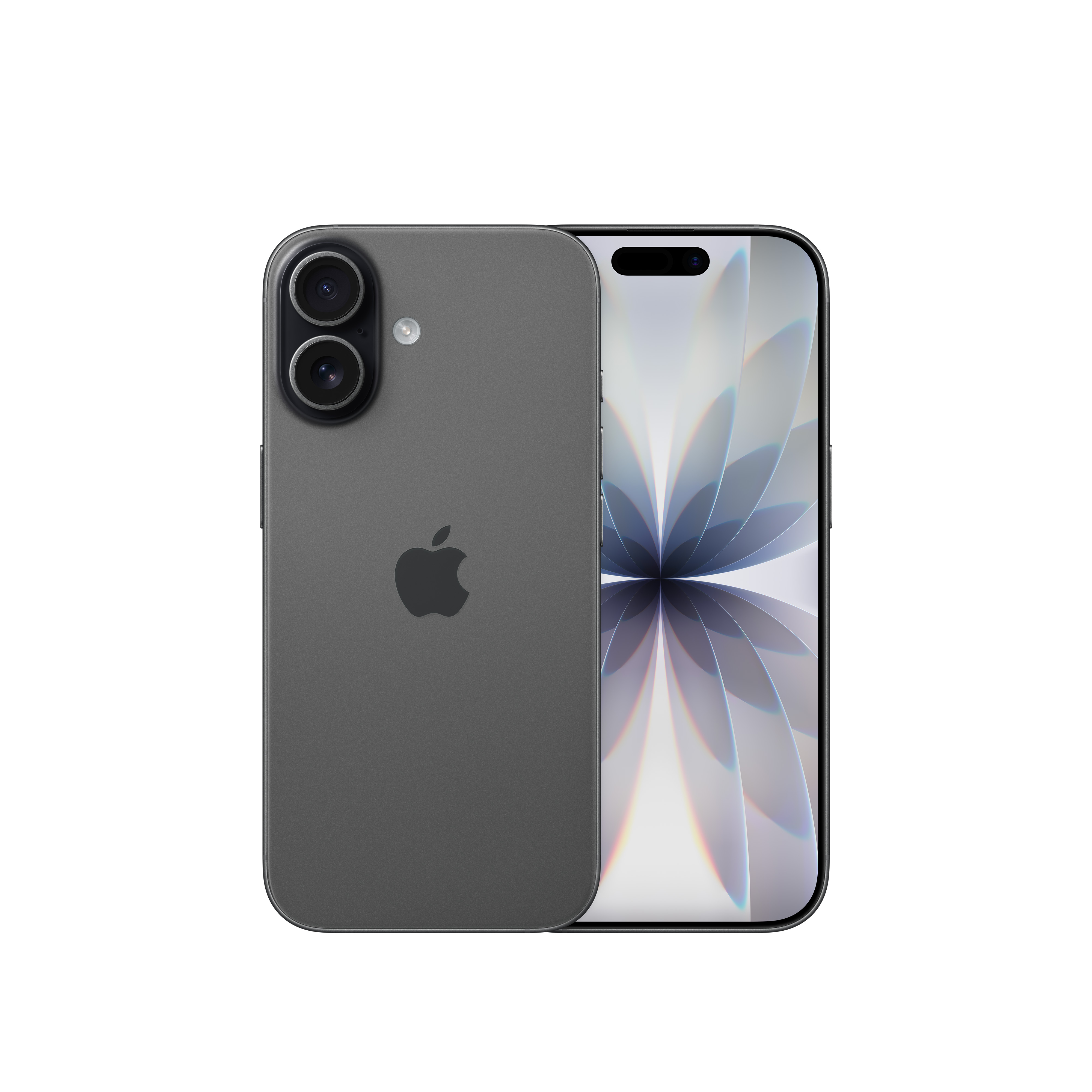 Uno smartphone grigio con due fotocamere posteriori e logo Apple. Schermo anteriore acceso.