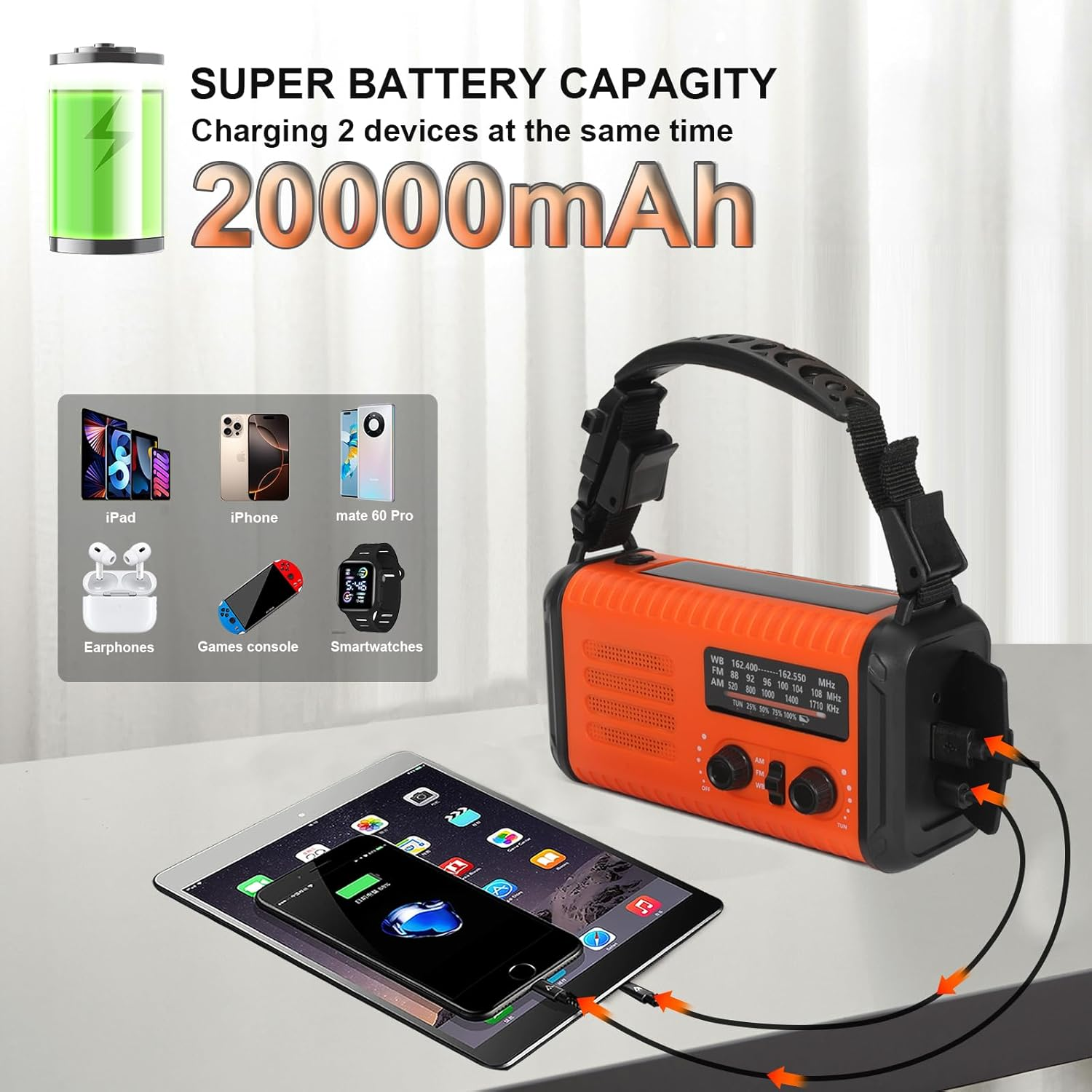 Orange Kurbelradio lädt ein iPad und ein iPhone auf. Beschriftungen: 20000mAh, Super Battery.