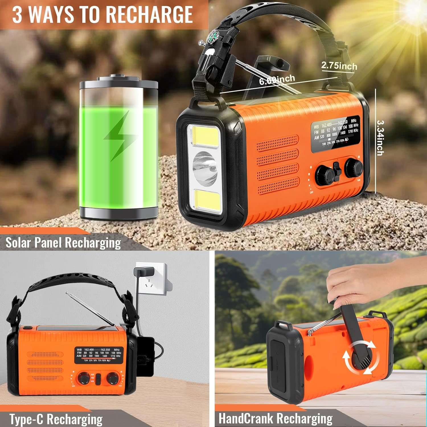 Ein orangefarbenes Radio mit Kurbel, Solarpanel und USB-C-Anschluss für drei Auflademethoden.