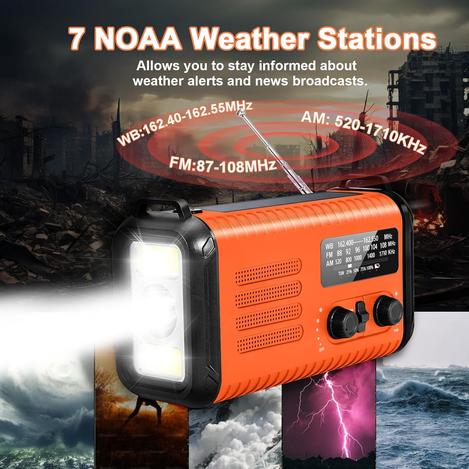 Orange Wetterradio mit LED-Licht, das auf zerstörte Gebäude und Naturgewalten zeigt.