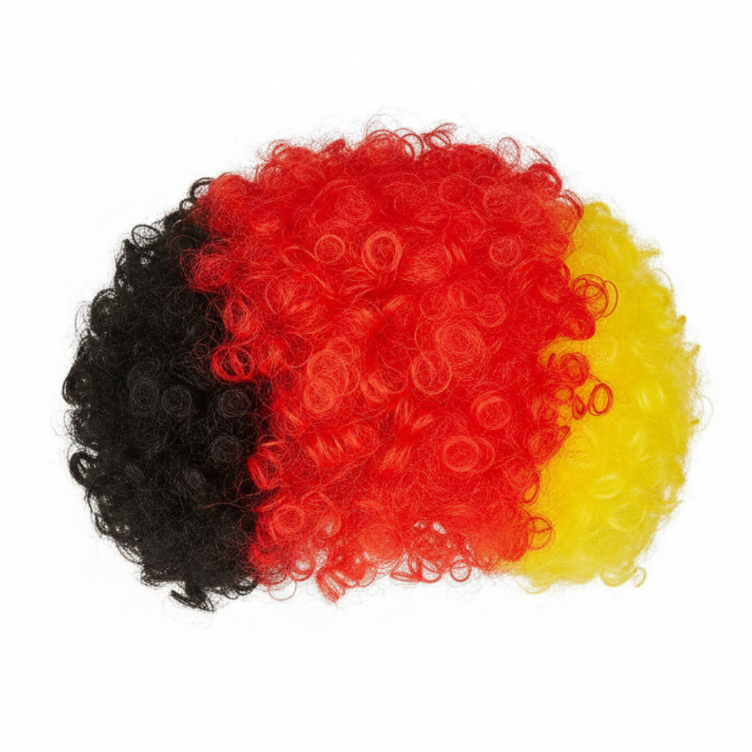 Eine lockige Perücke in den Farben Schwarz, Rot und Gelb.
