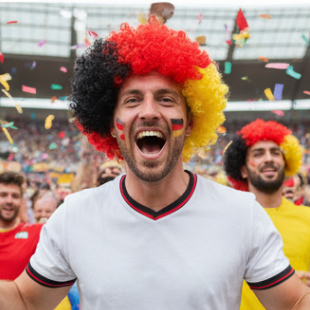 Ein Mann mit Deutschland-Perücke und Deutschland-Flaggen-Gesichtsbemalung jubelt.