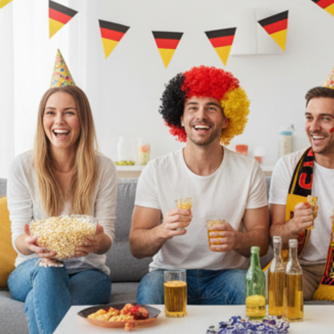 Drei lachende Freunde in Deutschland-Trikots mit Popcorn und Bier.