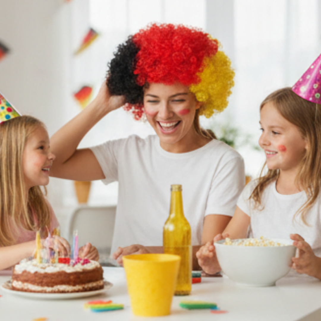 Frau mit Perücke und Kinder feiern mit Kuchen und Popcorn.