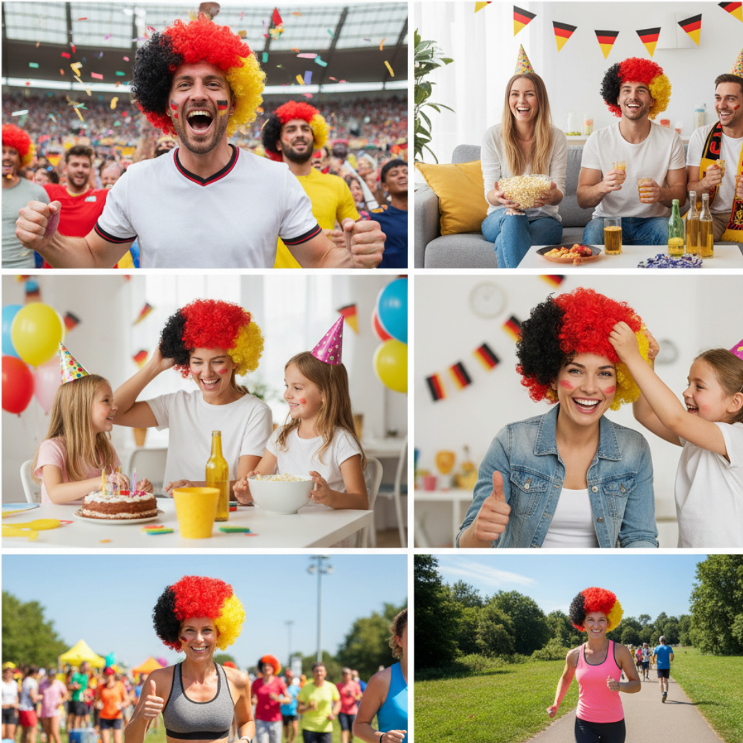 Feiernde Fans in Deutschland-Perücken jubeln bei einem Fußballspiel mit Konfetti.