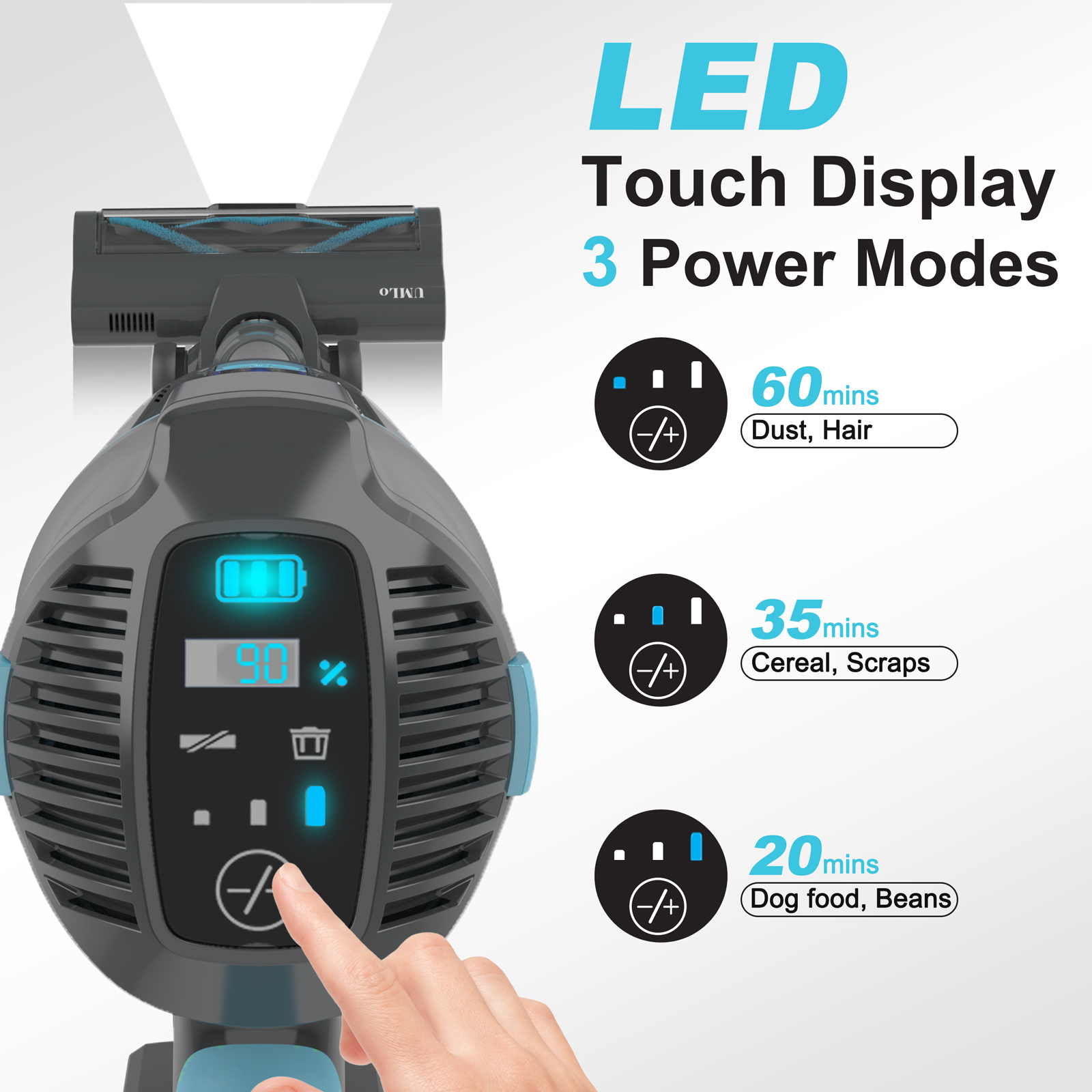 Grauer Staubsauger mit LED-Anzeige, 90% Akku. Text: LED Touch Display 3 Power Modes.