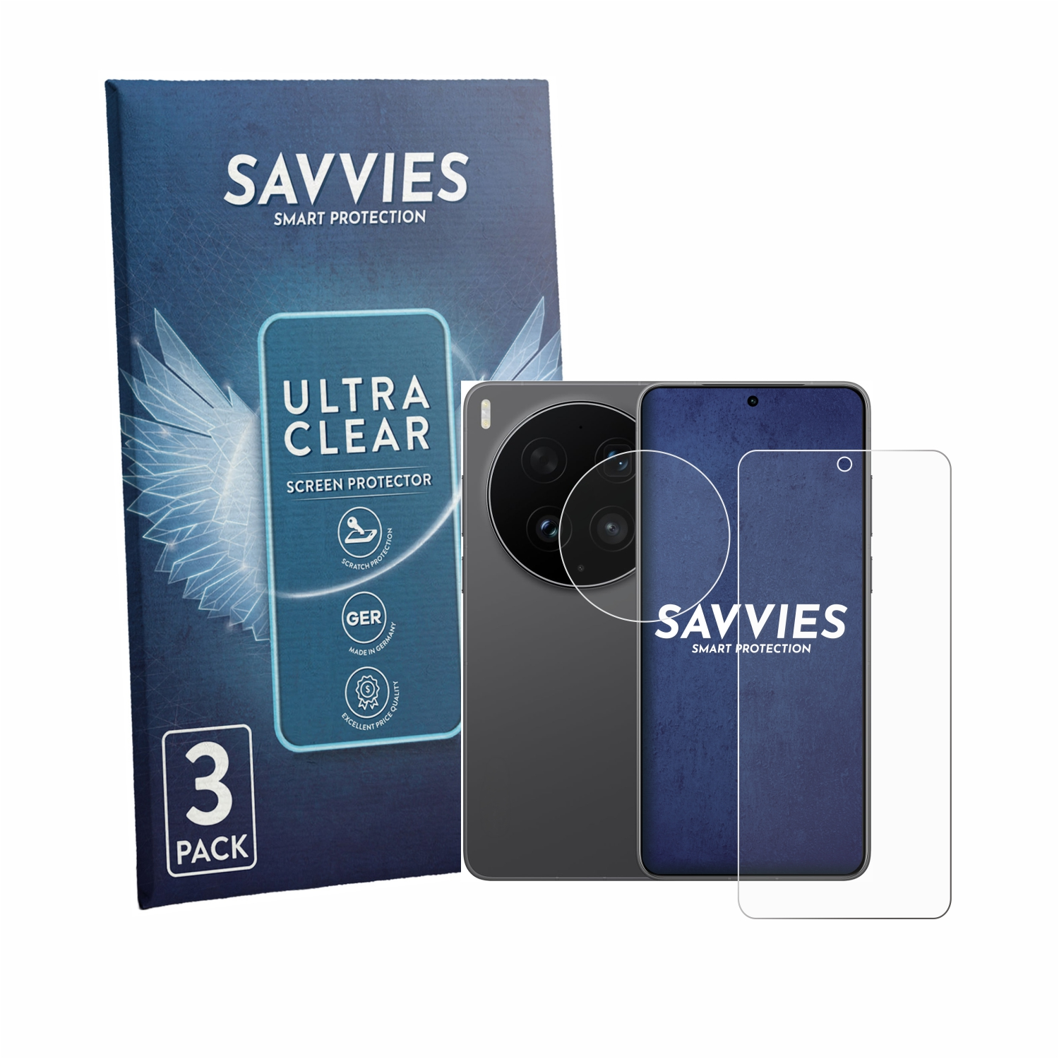 Verpackung für 3 Savvies Displayschutzfolien mit einem Smartphone und einer Schutzfolie.