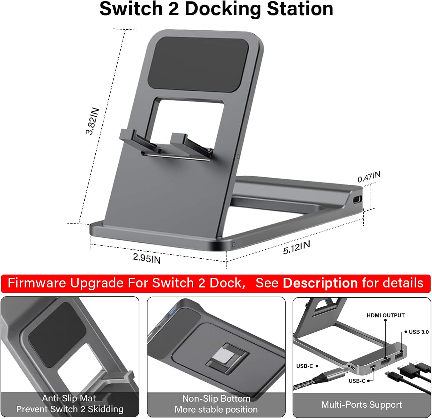 Graue Dockingstation für Switch 2 mit Maßen und Anschlüssen.