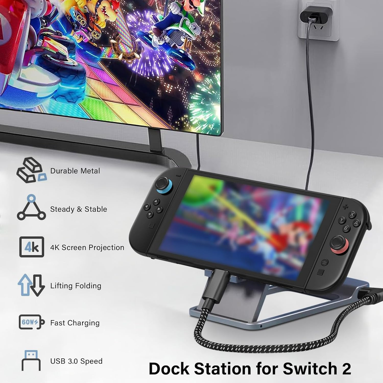 Nintendo Switch auf Dock, an TV angeschlossen. Merkmale: Metall, stabil, 4K, Schnellladung.